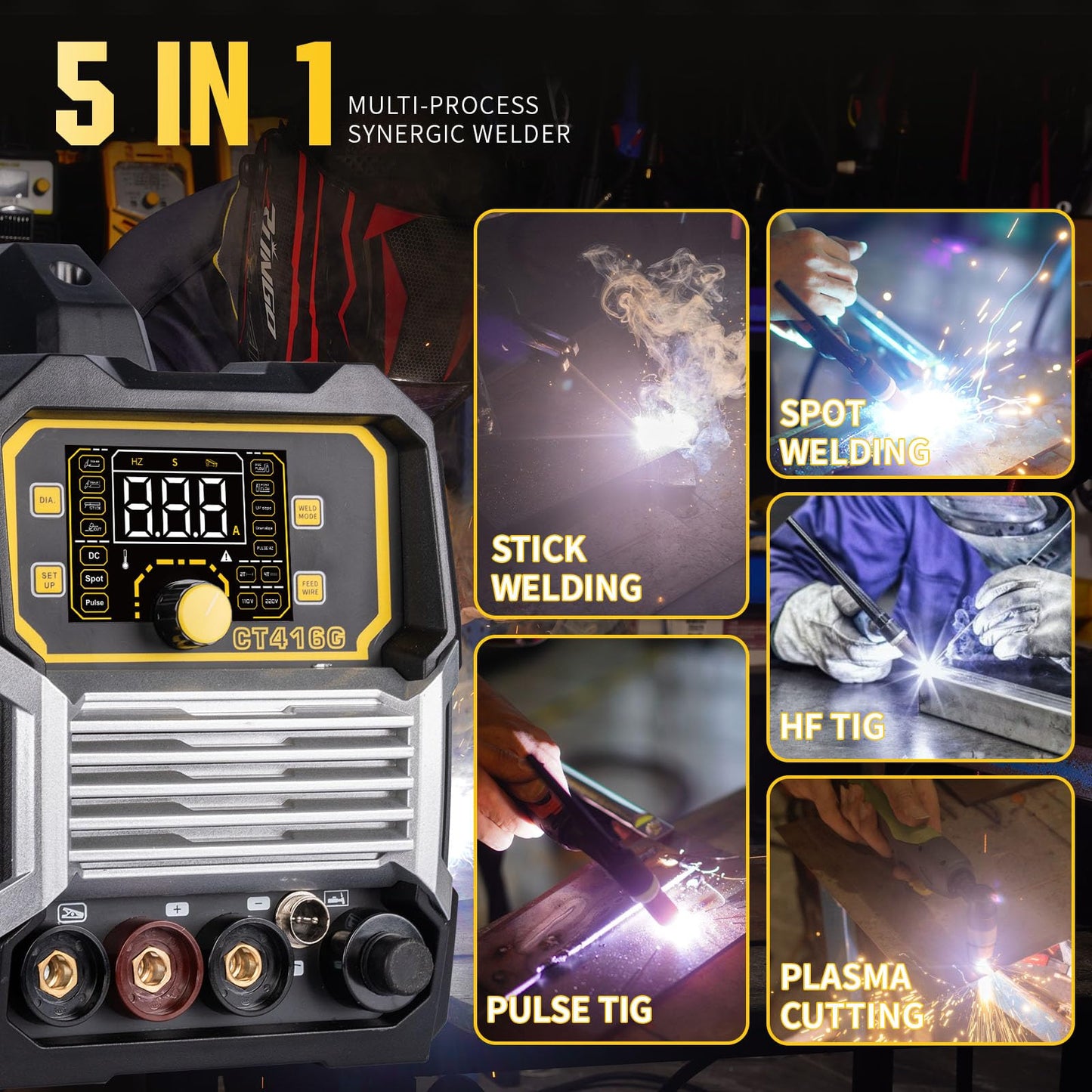 PUWU Plasma Cutter Welder Combo，(HF) TIG/Pulse TIG/Lift TIG/Spot/Stick/CUT 6 In 1 Multi-process Welding Machine，110V/220V Dual Voltage TIG Welding Machine With Large LED Display Synergic Control