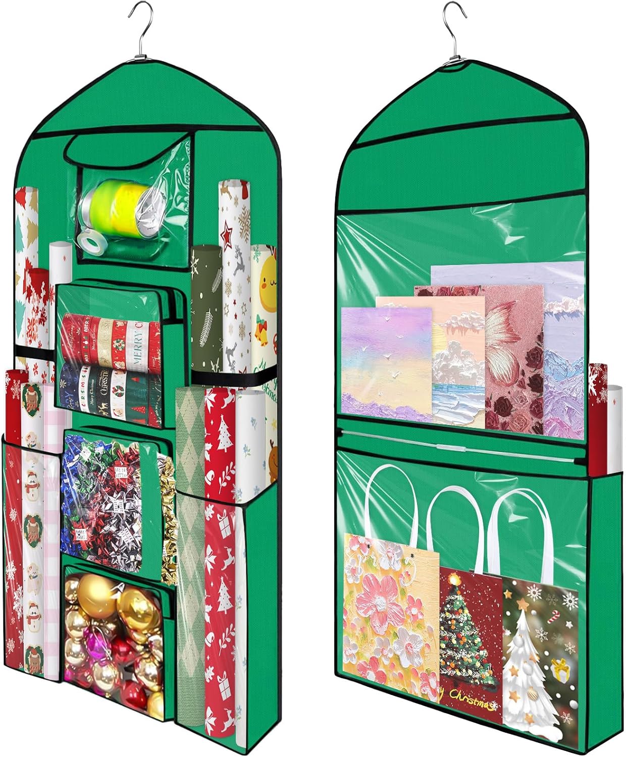 Skiennix Hanging Gift Wrapping Paper Organizer - Double-Sided Over The Door Storage | 48x24 Inch, Green