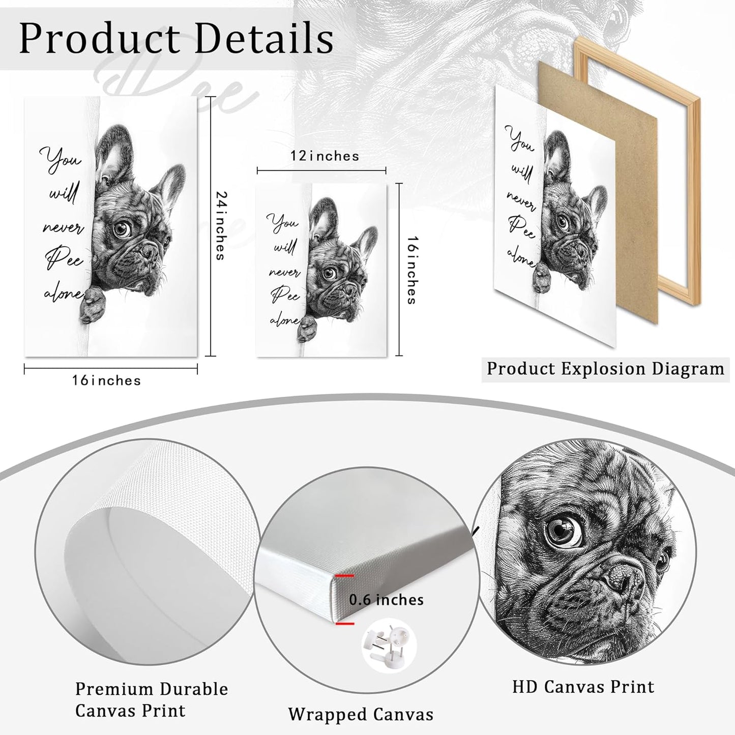 Ovczax Black And White Bathroom Canvas Wall Art - Funny French Bulldog Sign | 16" x 12" Home Decor
