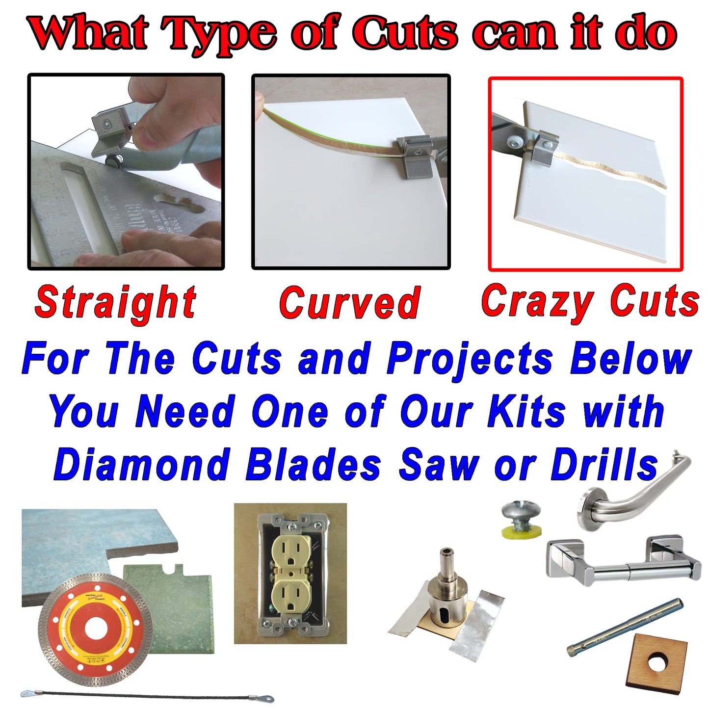 Left Handed Tile Cutter Kit 4 Porcelain Tile Drills Diamond Hole Saw for Taps Saw Blade for Notching Grinder Tile Saw for Cutting Out Sockets Tile File for Trimming Edges Grout Rake for Cleaning Grout