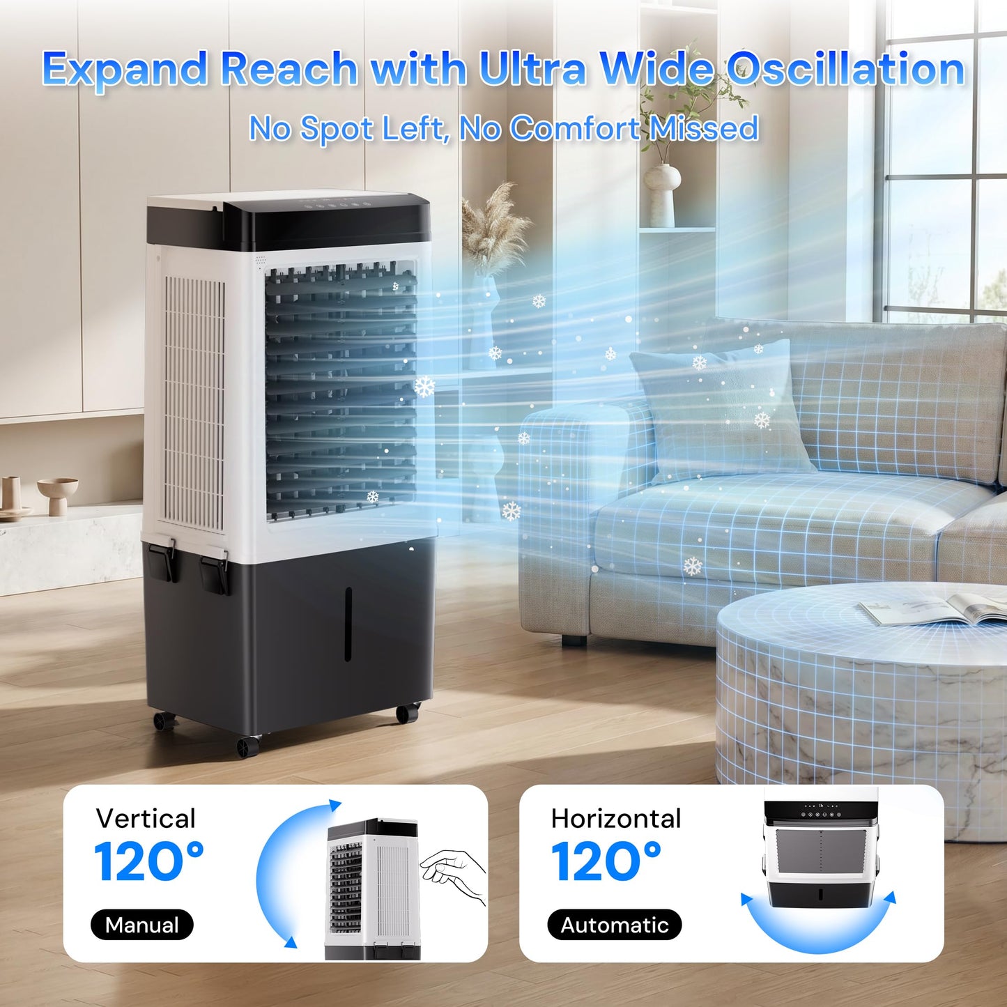 Swamp Cooler, 2200 CFM Evaporative Air Cooler with 8 Gal Water Tank, 4 Ice Packs, 120° Swing,12H Timer,3 Modes,3 Speeds, 3-IN-1 Windowless AC Unit, Room Cooler Portable Air Conditioner for Indoor Use