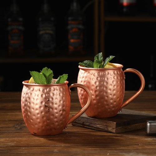 Cocktail Geek Moscow Mule Copper Mugs, Hammered Design, 100% Pure Solid Copper with Riveted Handle, Set of 4