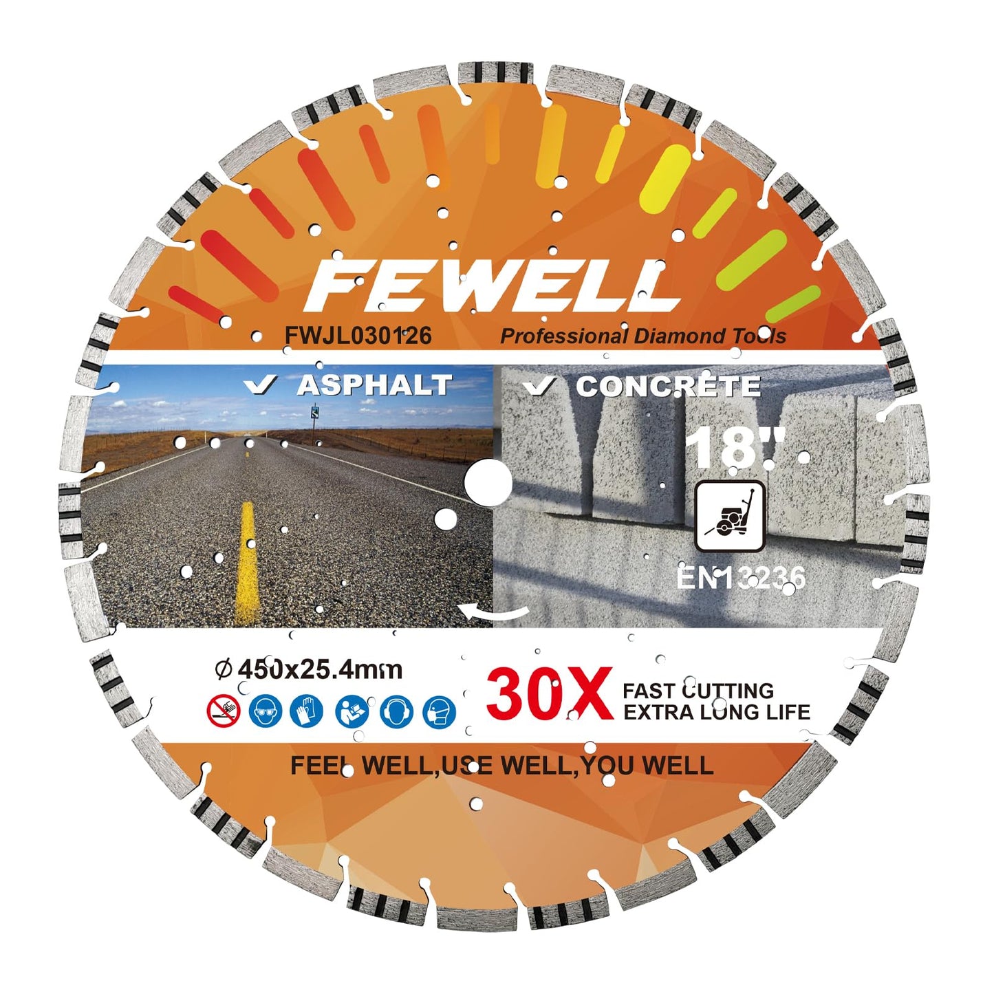 FEWELL 18" Concrete Diamond Saw Blade,Asphalt Diamond Blade Multi-Purpose for Cutting Hard Reinforced Concrete Asphalt Masonry Stone Terrazzo, Laser-Welded Segmented, 1"-20mm Bore