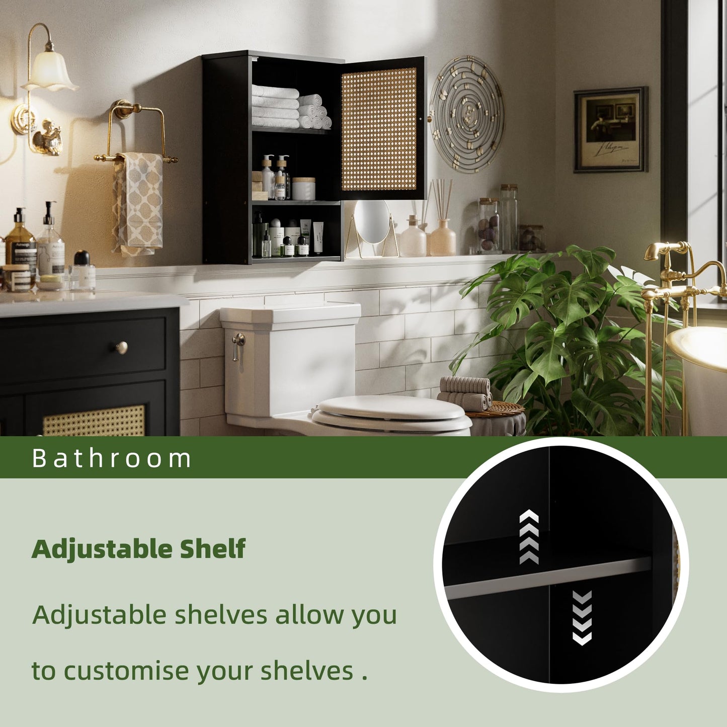 vovala Bathroom Wall Cabinet, Bamboo Over-The-Toilet Storage Organizer with Rattan Doors and Adjustable Shelf, Space Saver Medicine Cabinet for Laundry, Kitchen, Living Room (Black)