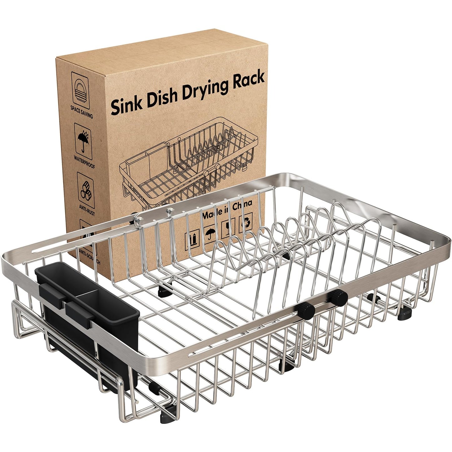 MAJALiS Dish Drying Rack Over The Sink, Expandable Stainless Steel Dish Drainer for Small Kitchen Counter Space Saving, RV Compact Plate Strainer In Silver Metal with Hanging Adjustable Utensil Holder