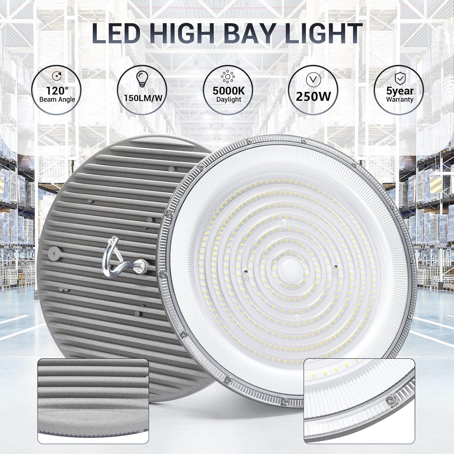 XYCN 10 Pack 250W UFO Led High Bay Light,120VAC,5000K Daylight Commercial Bay Lighting,IP66 Waterproof,41050LM,1150W MH/HPS with Plug Area Light for Warehouse/Shop/Workshop/Barn/Gym/Factory