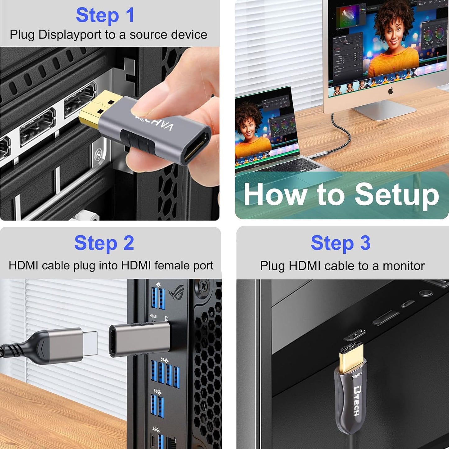 DCHAV 4K 60hz HDMI to Displayport Adapter Unidirectional Display Port to HDMI Converter Male to Female Video Dongle