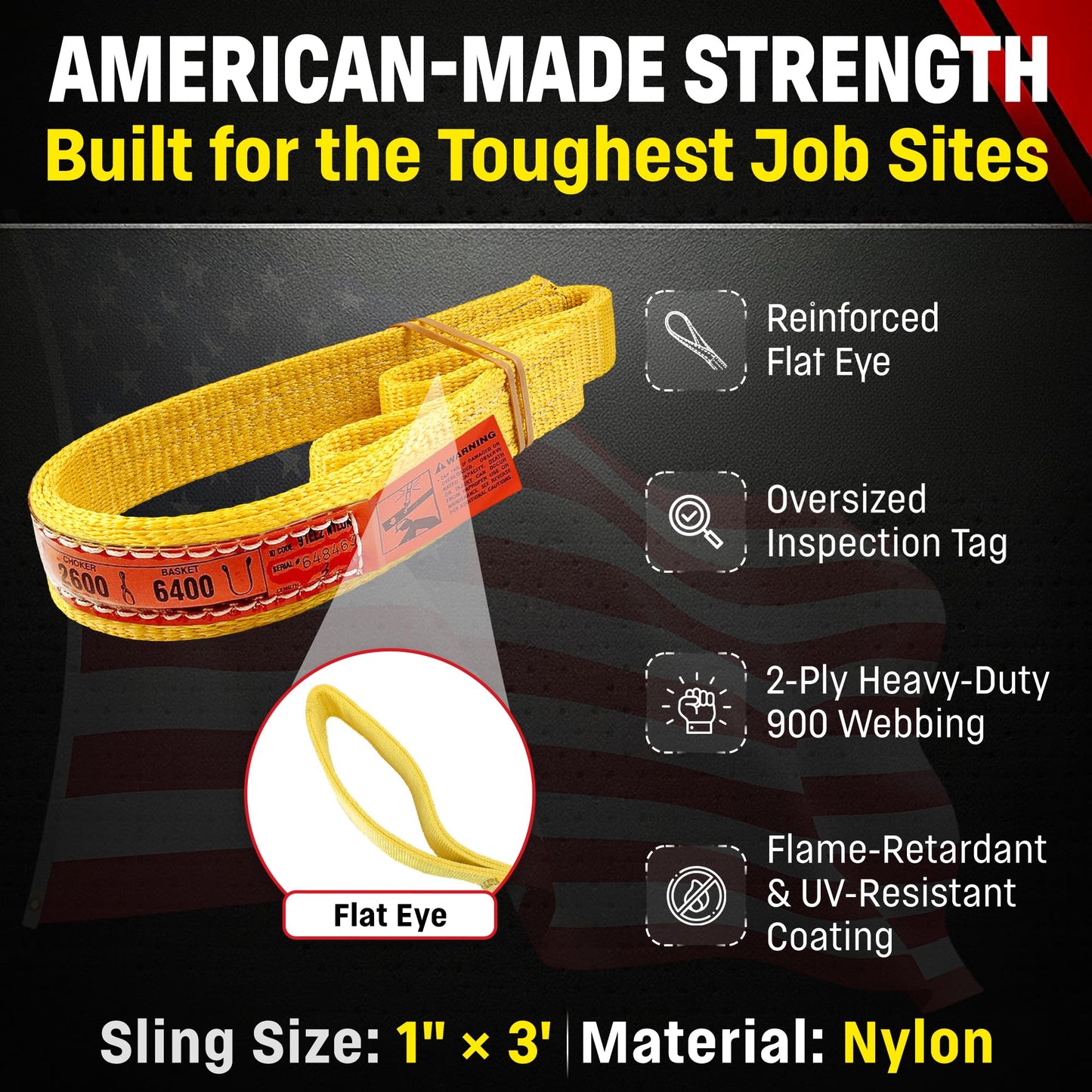 DD Sling 1 Inch x 3 Foot Nylon Lifting Strap – USA Made, 3,200 Pound Vertical, 2,600 Pound Choker, 6,400 Pound Basket – 2-Ply Heavy Duty 900 Webbing, Type 3 Flat Eye & Eye Rigging Sling