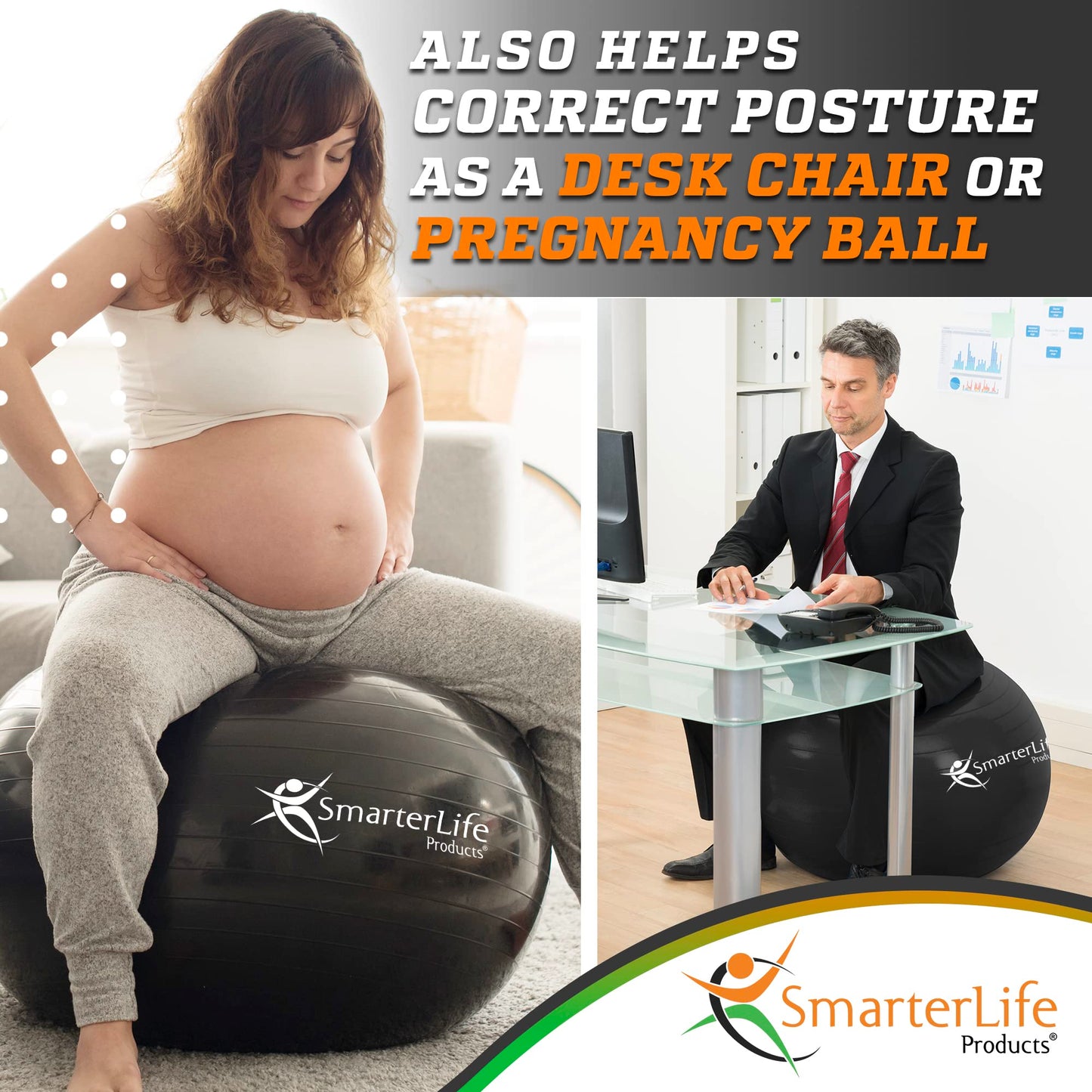 SmarterLife Exercise Ball Yoga Ball for Fitness, Balance, Stability, or Pregnancy, Gym Ball for Core Workout, Physical Therapy, Yoga Ball Chair for Office, Anti-Slip Anti-Burst (45 cm, Black)