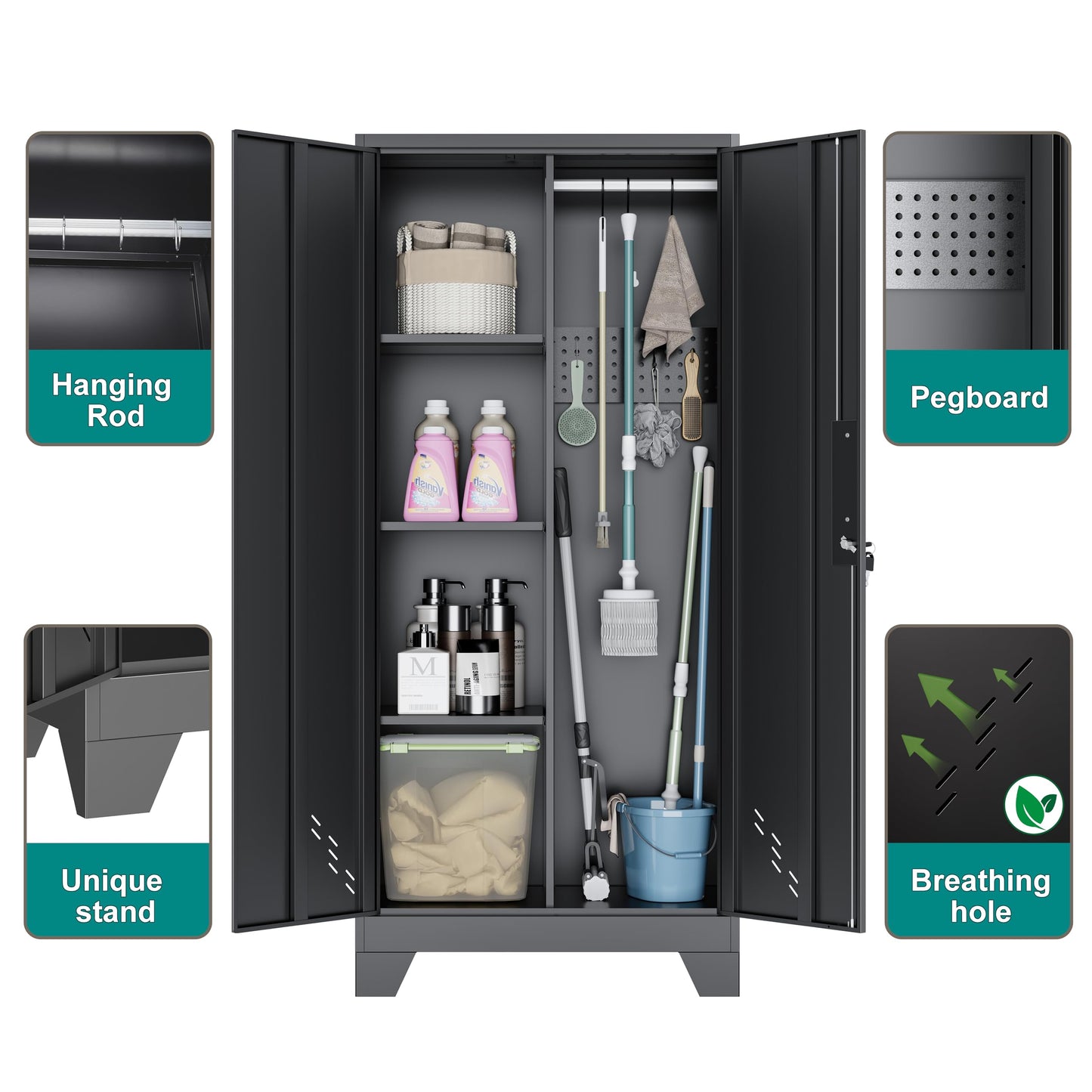 OSKEBABO Broom Closet Storage Cabinet, Garage Storage Cabinet with Pegboard & Hanging Rod, Tool Organizer Steel Lockers for Garage, Laundry Room, Home Office, 61" Hx 27.7" Wx13.8 D