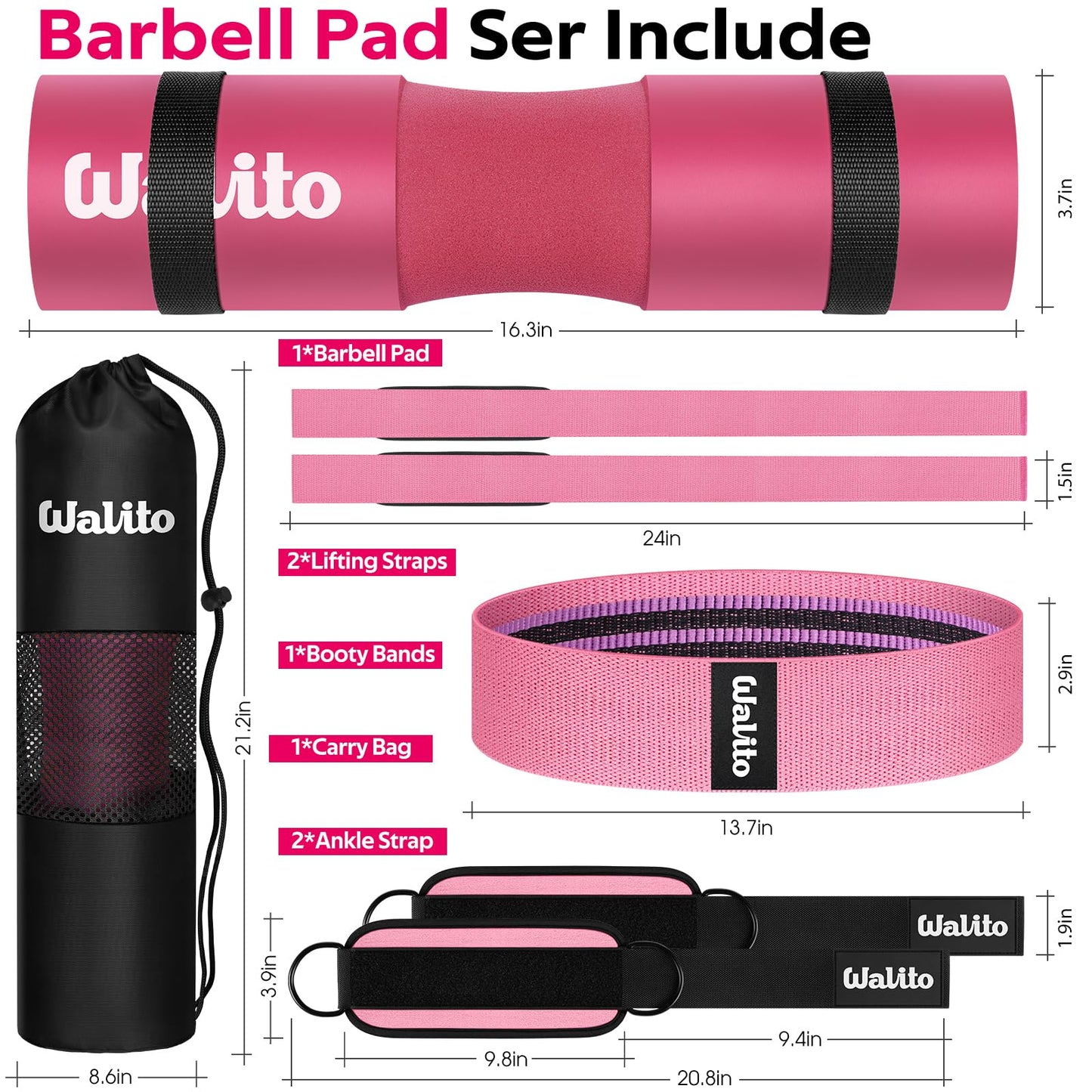 WALITO 8Pcs Barbell Pad Set for Hip Thrust - Squat Pad,Gym Accessories for Women with Bar Bad,Bench Press, with Gym Ankle Straps,Resistance Bands for Working Out,Lifting Strap,Carry Bag (1-Pink)