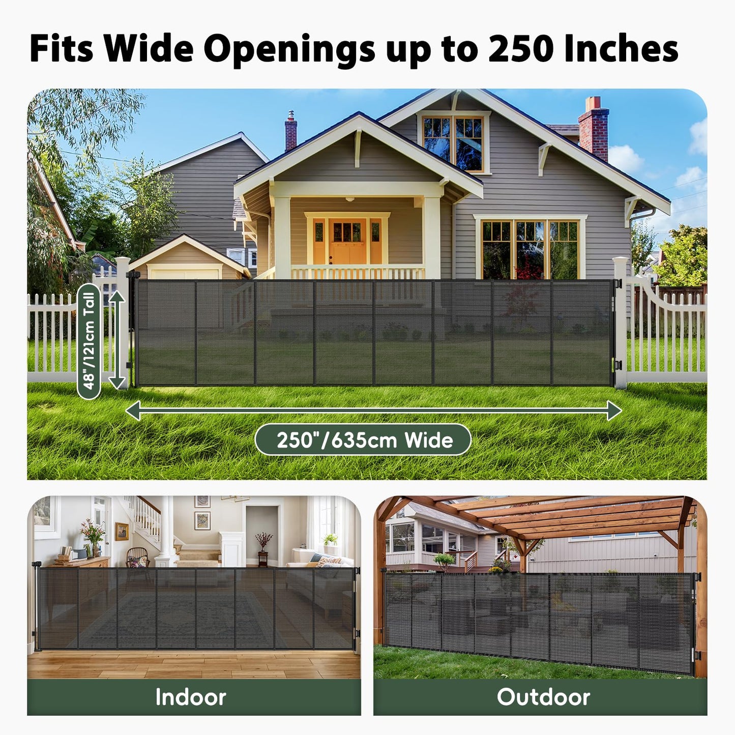 250" Reinforced Extra Wide Baby Gate Retractable Dog Gate, 21ft Extra Long Baby Gate Retractable Gates for Dogs, 48" Extra Tall Pet Gate Retractable Fence Outdoor Gate for Deck/Garage/Patio, Black