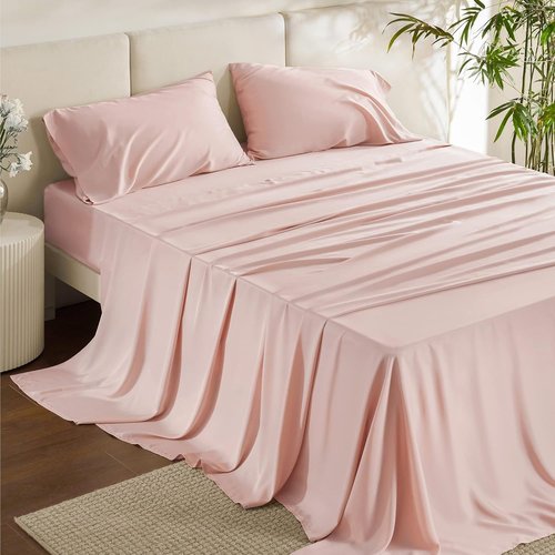 Bedsure Cooling Bed Sheets - Breathable Rayon from Bamboo | Soft & Silky Full Size, Deep Pocket Up to 16 Inches, Pink