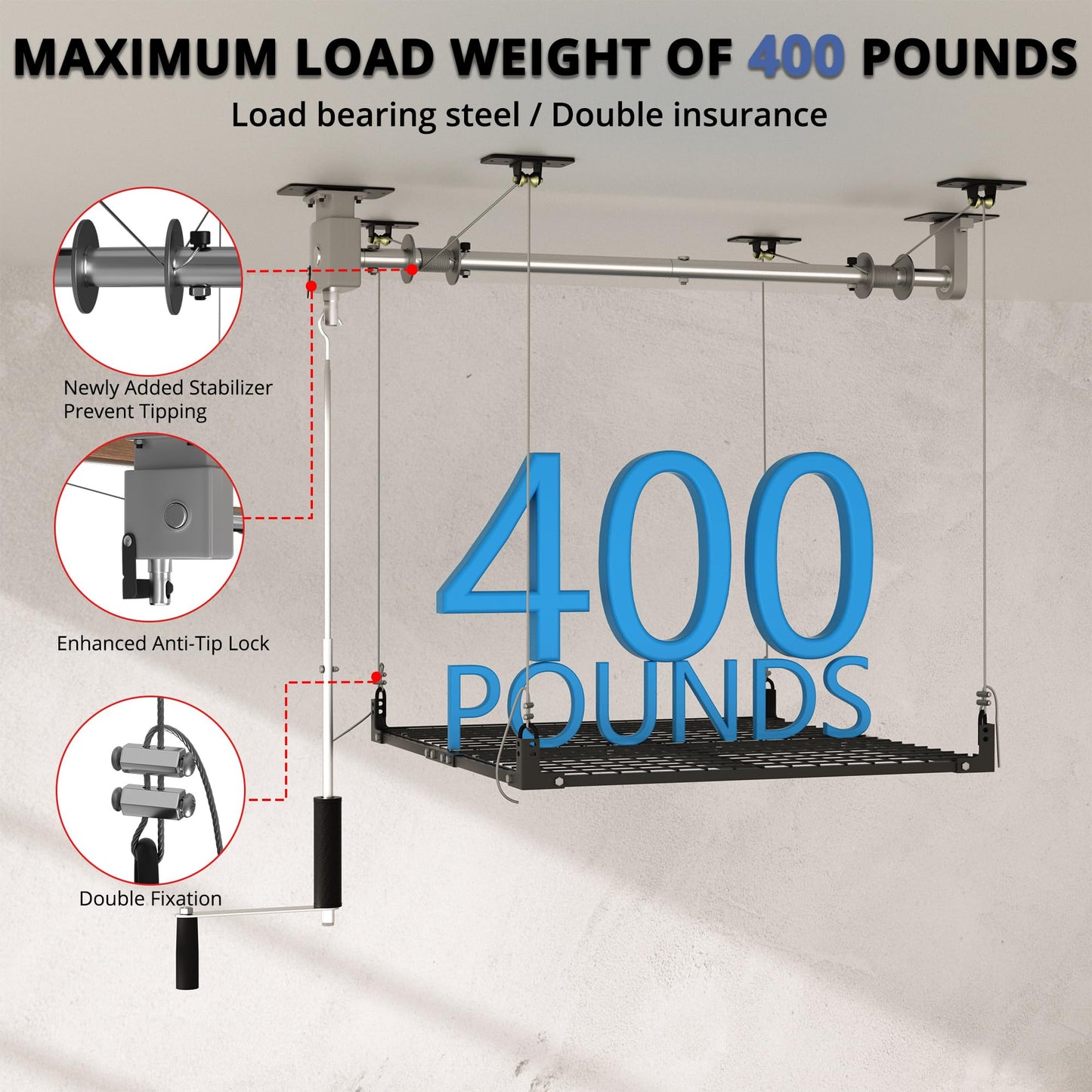UODENGA Overhead Garage Storage Rack,4x4FT Ceiling Storage Racks with Secure Lock,Garage Storage Lift System for Easy Up Down,Industrial Elevator Lift Holds 400 Lbs