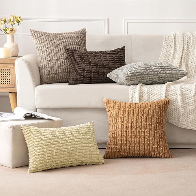 MIULEE Pack of 2 Corduroy Decorative Euro Sham Throw Pillow Covers 24x24 Inch Soft Boho Striped Pillow Covers Modern Farmhouse Home Decor for Sofa Living Room Couch Bed Brown