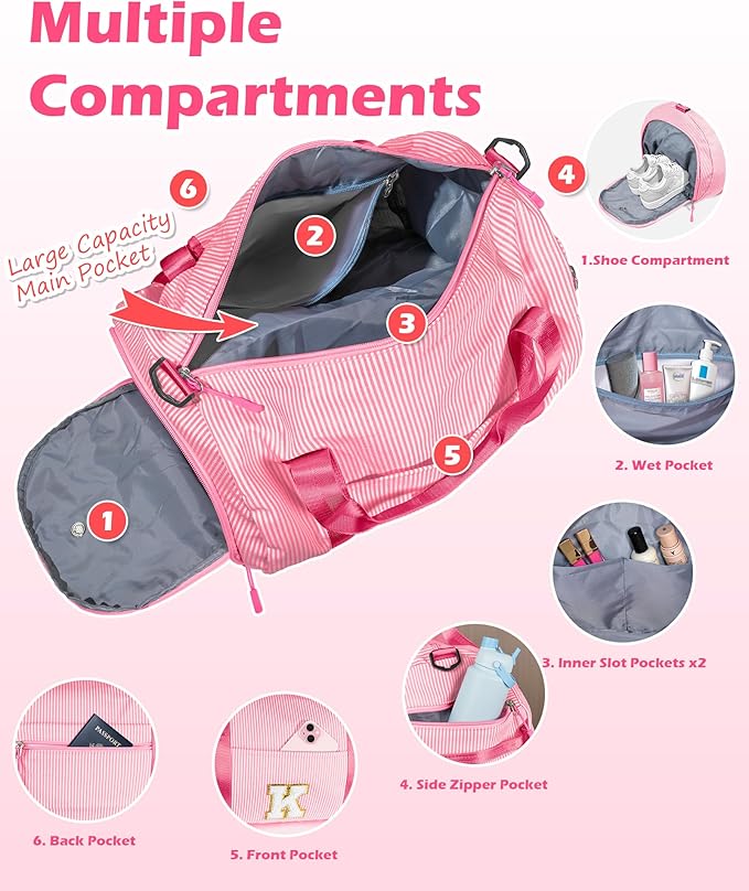 Teen Girl Gifts Trendy Stuff, Girl Gym Bag, Kids Initial Overnight Duffel Bags with Shoe Compartment, Personalized Travel Bag with Makeup Pouch, Birthday Gift for Daughter Niece (Letter F)