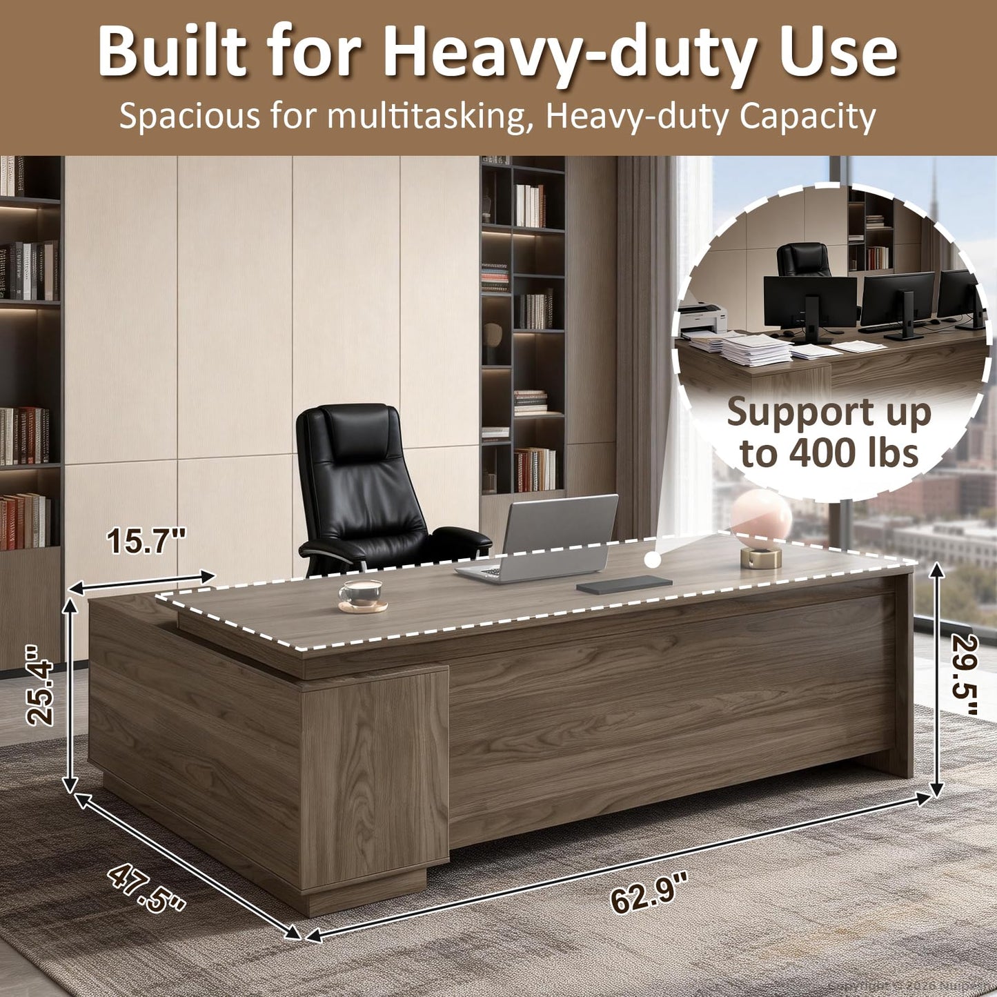 Nuipesn 63" L-Shaped Executive Desk with Reversible Storage Cabinet, Locking Drawers & Cable Management, Modern Office Desk for Home Office or Business Workspace, Black Walnut