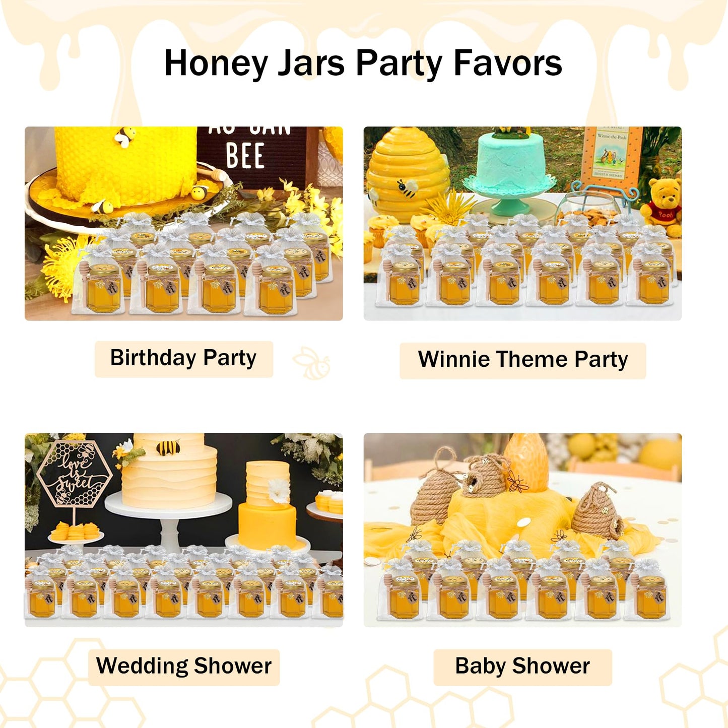 Aliggbent 70 Pack Small Honey Jars for Party Favors in Bulk, 3 oz Mini Hexagon Glass Honey Jars with Dippers, Lids, Cute Stickers, Bee Charms, Gift Bags and Jute for Baby Showers, Weddings, Birthdays