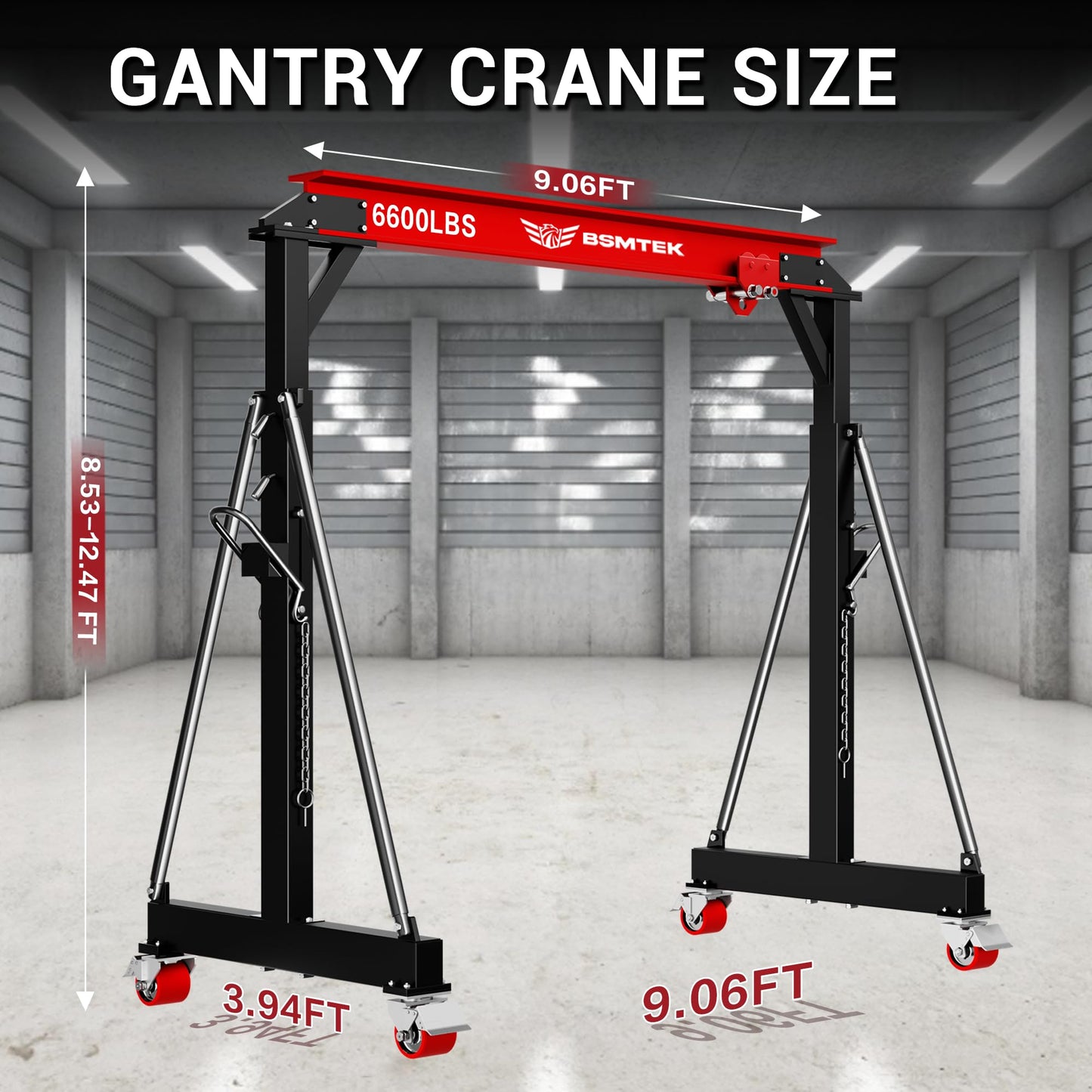 BSMTEK 3 Ton Gantry Crane MAX6600lbs, Adjustable Height (8.53-12.47 FT), Width (9.06 FT, Available 8.53FT), Steel I-Beam Construction, Portable Shop Hoist for Factories, Warehouses