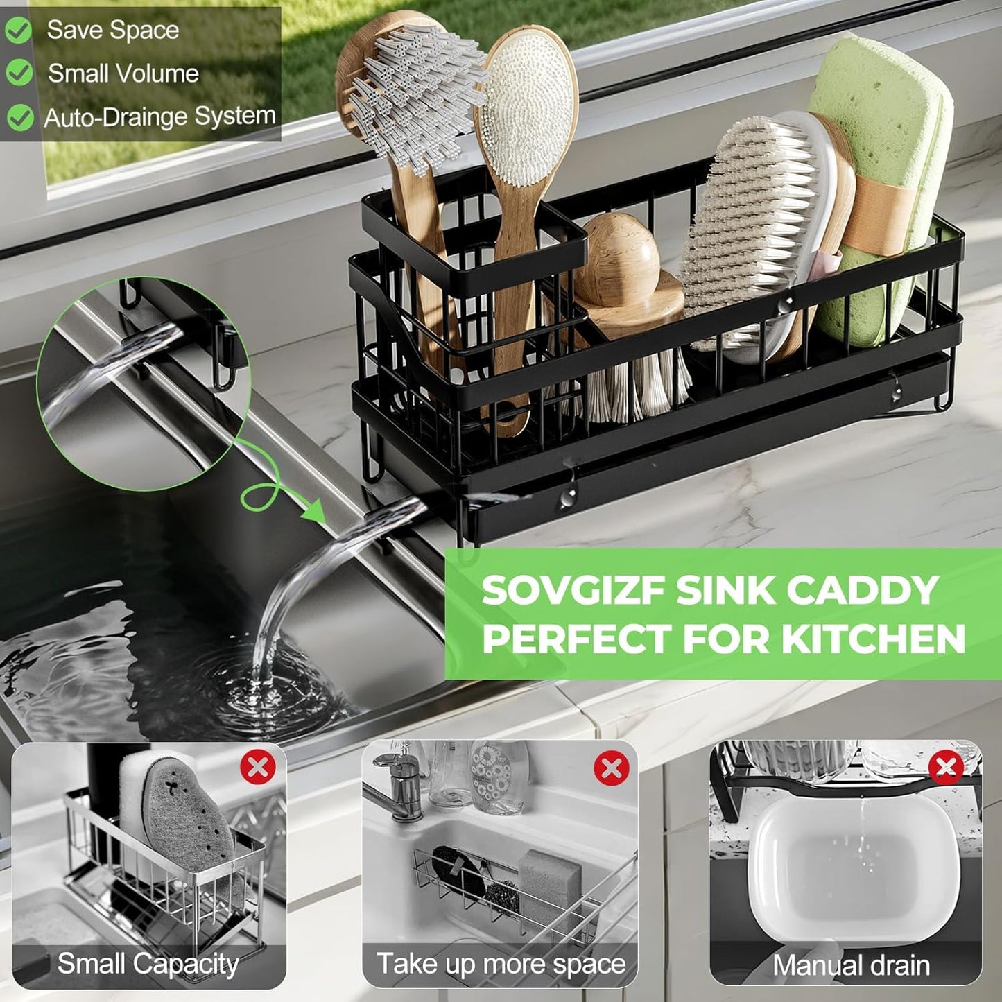 Skiennix Sink Caddy Organizer - Wall-Mounted Sponge Holder & Brush Storage - Rustproof 304 Stainless Steel