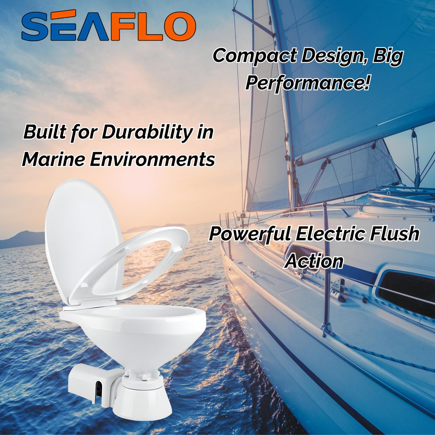 SEAFLO 12V Electric Flush Marine Toilet – Large Size Marine Head – Corrosion Resistant Construction – Built-In Backflow Preventer – Stainless Steel Shaft – Permanent Magnet Motor - 4 Year Warranty!
