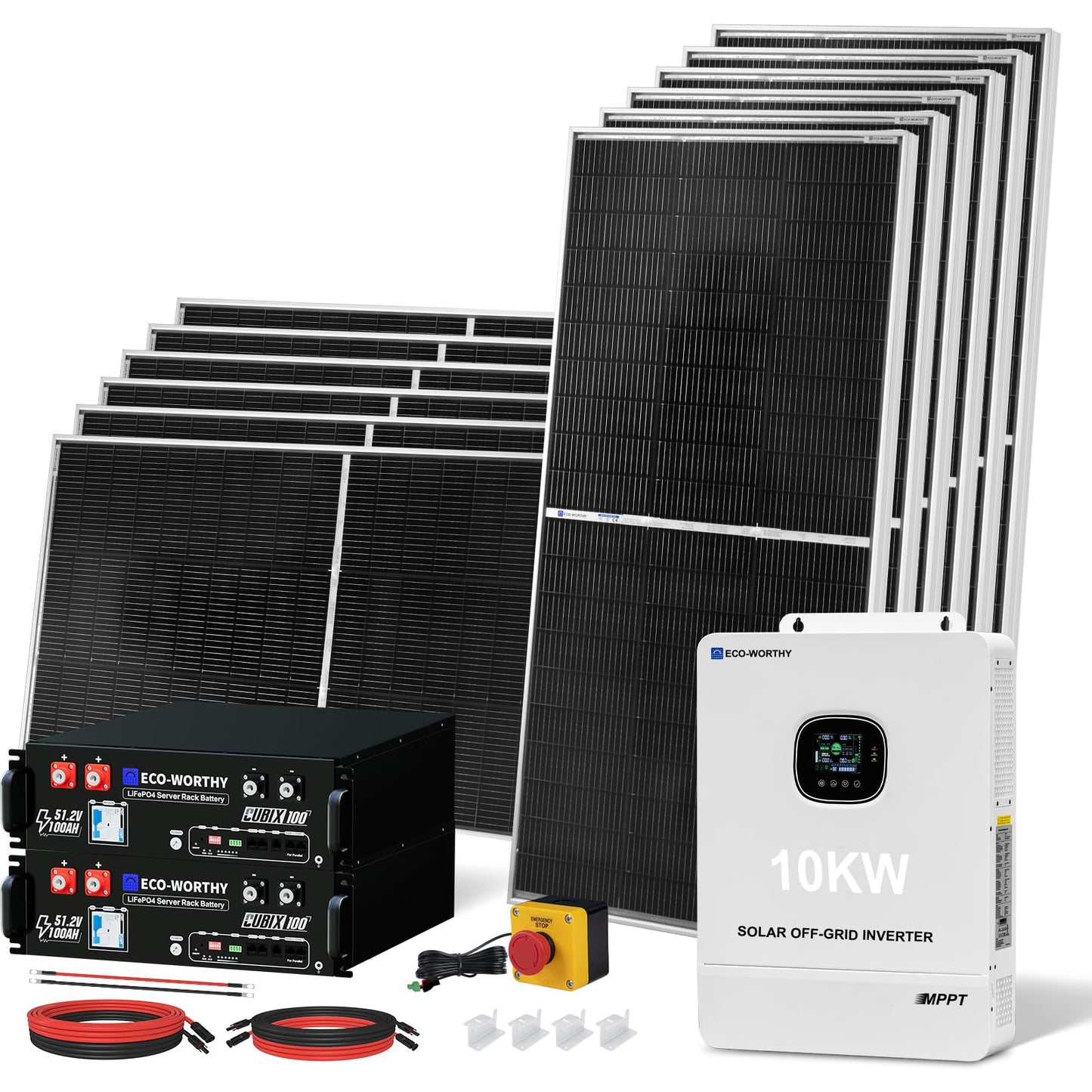 ECO-WORTHY 10KW Output 9.36KWH Off Grid Solar System Complete Kit for Home:12pcs 195W Solar Panels(2340W)+10KW 120V/240V Inverter (UL 1741)+ 2pcs 48V 100AH Lithium Batteries(UL 1973&UL 9540A)