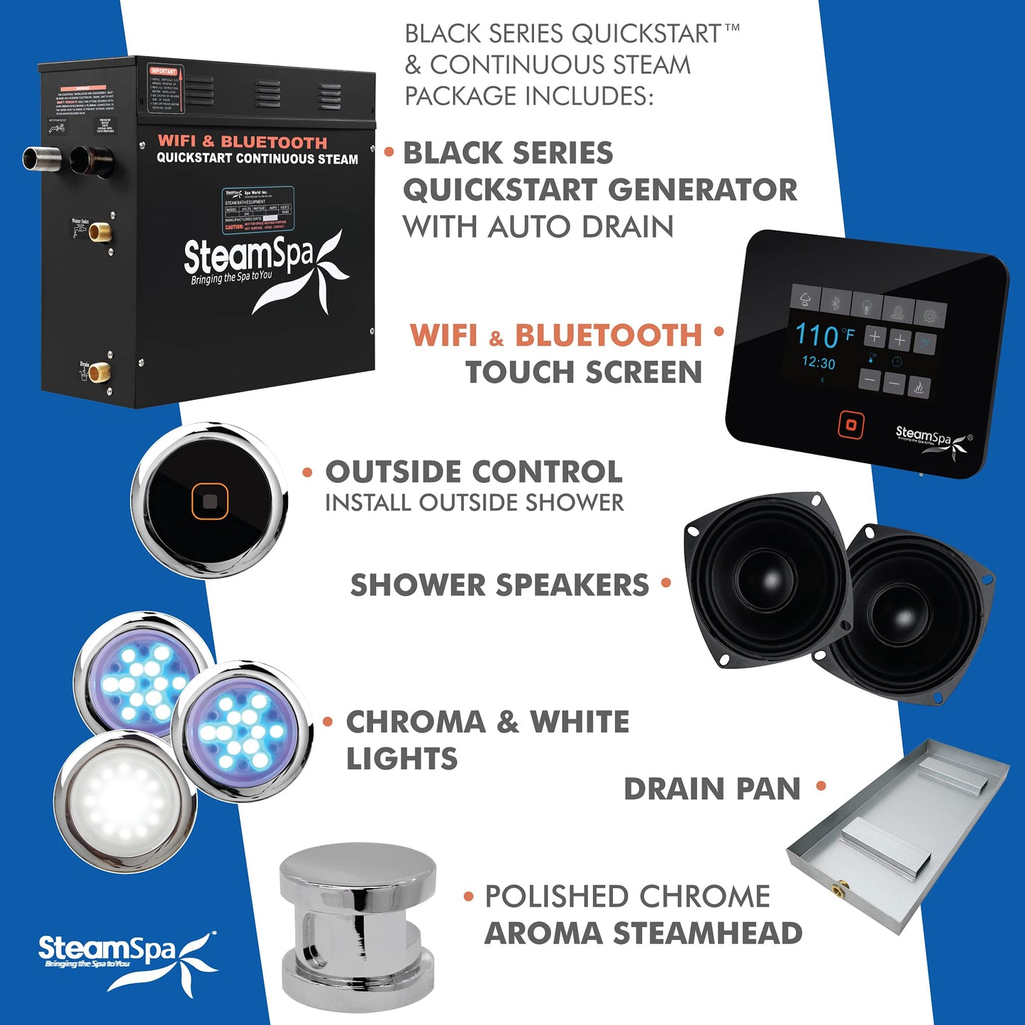 SteamSpa - Steam Shower Generator Kit System | Polished Chrome + Self Drain Combo| Enclosure Steamer Sauna Spa Stall Package|Touch Screen Wifi App/Bluetooth Control Panel |4.5 kW Raven | RVB450CH-A