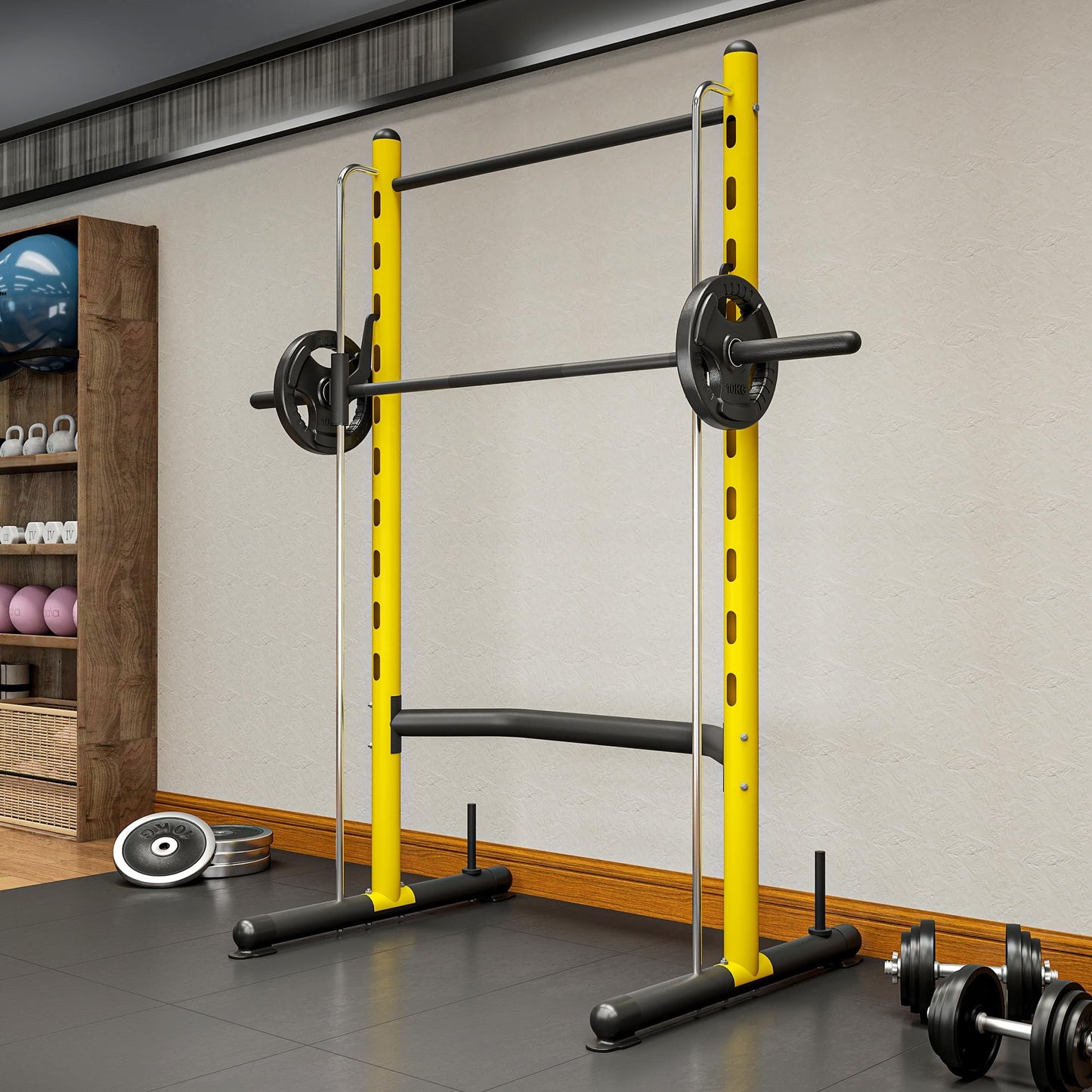 Soozier Squat Rack with Pull-Up Bar, Adjustable Power Rack with Barbell Bar, Multi-Functional Bench Press Rack for Home Gym Strength Training, Yellow