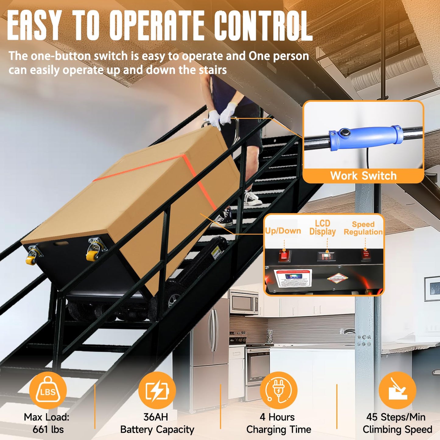 ROOMEDAL Electric Stair Climbing Dolly, 661lb 600W Powered Electric Stair Climbing Hand Trucks Dolly Cart with Rubber Tracks for Moving, Heavy Duty Stair Climber (Pure Black)