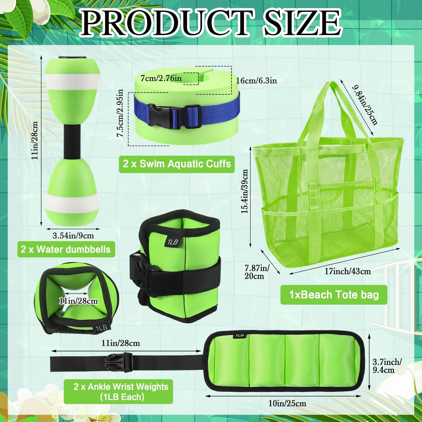 Teyva Daily 7 Pcs Aquatic Exercise Set Water Aerobics Set Including 2 Ankle/Wrist Weights for Land or Water 2 Exercise Foam Dumbbells Cuffs Large Mesh Beach Bag for Pool Weight Loss (Green)