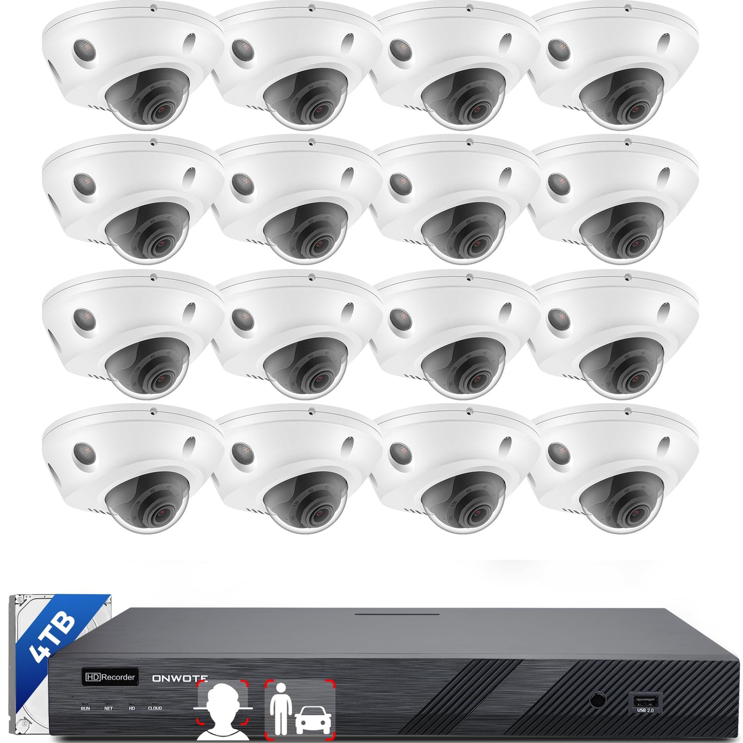 ONWOTE Face Recognition & AcuSearch, 2 Way Audio, 12MP NVR 16 Channel Security Camera System, 16x 4K 8MP Vandal Proof PoE IP Cameras, Total 1280ft Cables, 16CH Commercial NVR 4TB, CCTV for Business