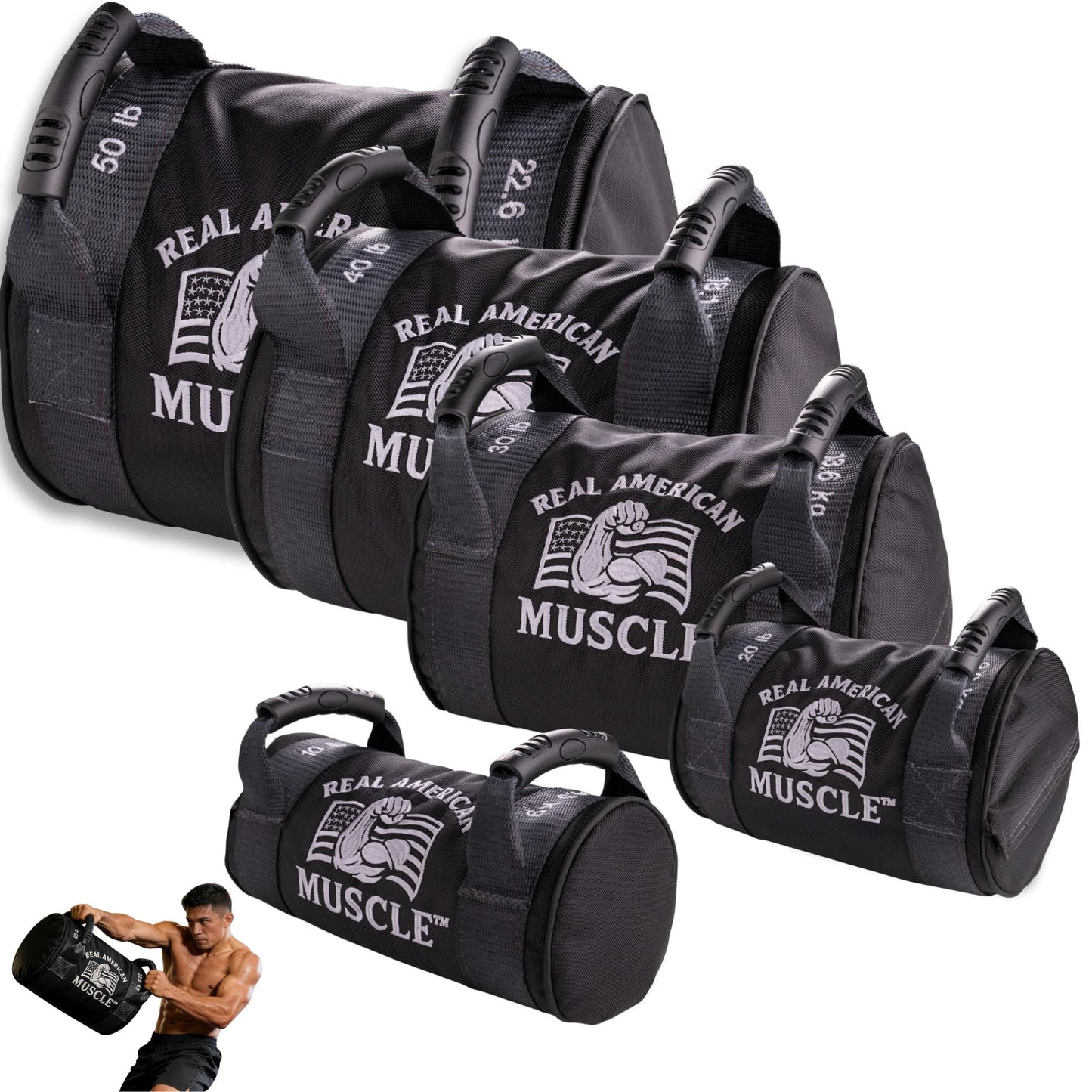 Real American Muscle 50 lb Heavy Duty Weighted Workout Sandbag, Compact 12 Inch Sand Bag for Strength Training, Strongman, Kettlebell Swings, Loaded Carries, Lunges, Squats, HIIT, Functional Fitness