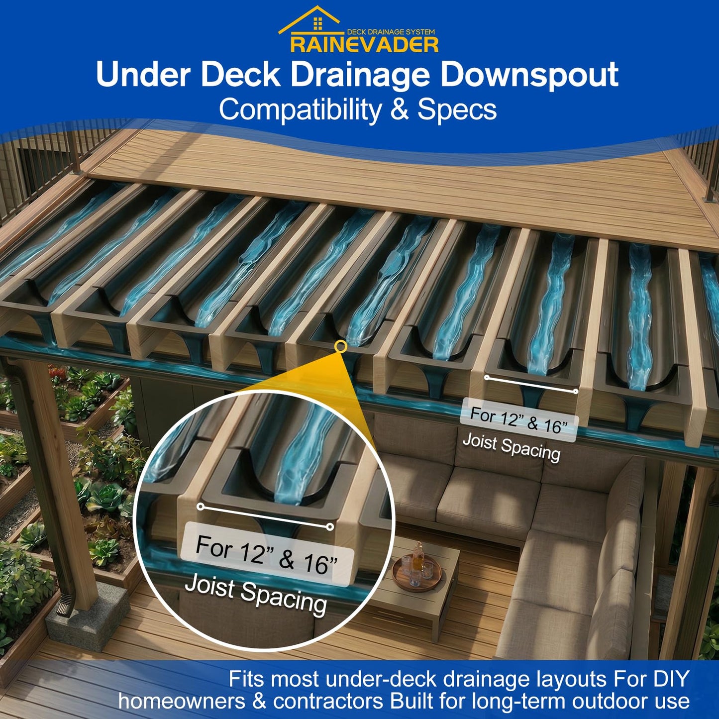 RAINEVADER Downspout Gutter Funnel for Under Deck Drainage System - 5 Pack Black PE for 12” & 16” Joist Spacing, Pre-Marked Cut Lines for Easy Installation & Joist Rot Protection