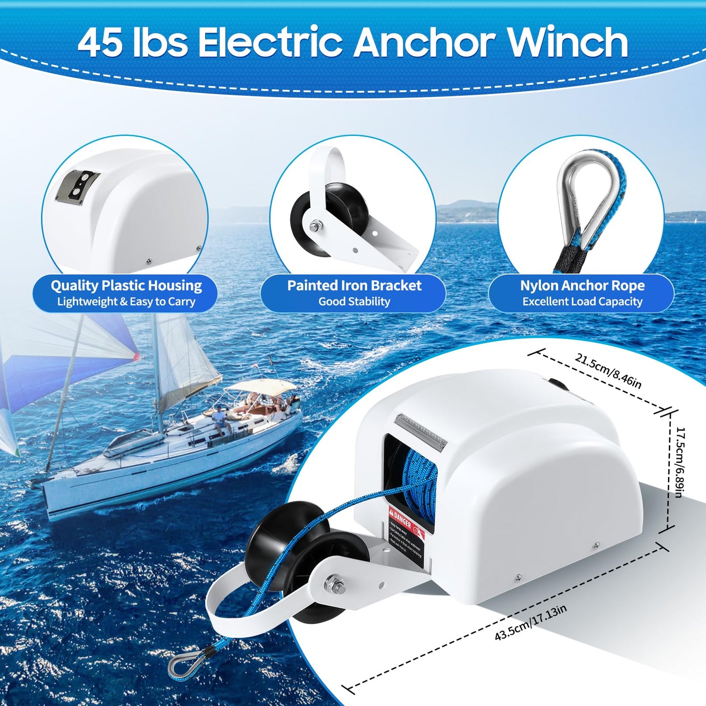 CUBELLIN 12v Electric Boat Anchor Winch 45lbs Capacity Boat Anchor Winch with Remote Control & 100ft Nylon Rope Saltwater Boat Windlass Kit for 24ft Fishing Vessel