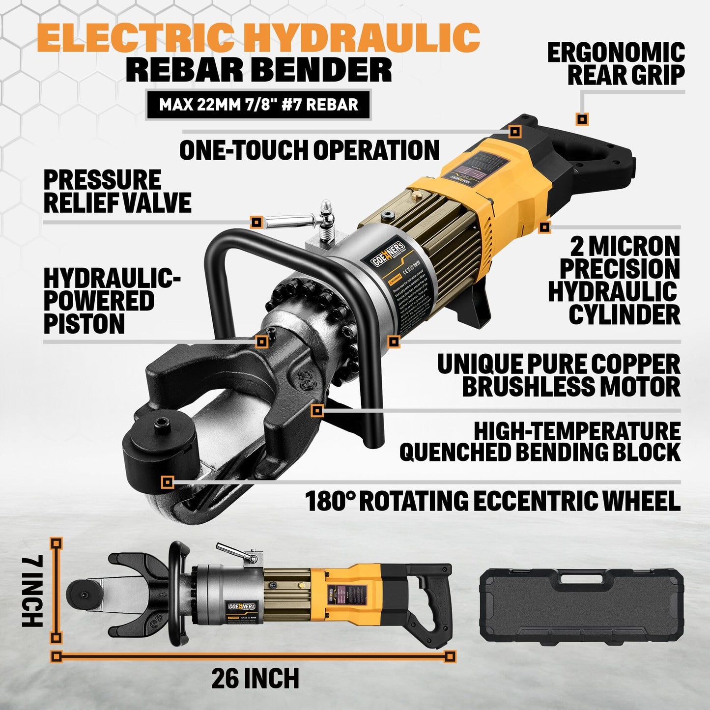 2026 Upgraded Electric Rebar Bender with Pure Copper Brushless Motor, Portable Hydraulic Rebar Bender Tool, Max Bend 7/8 Inch 22mm #7 Rebar, Bend Angle 0-130°, Handheld Rebar Bender Machine, 110V