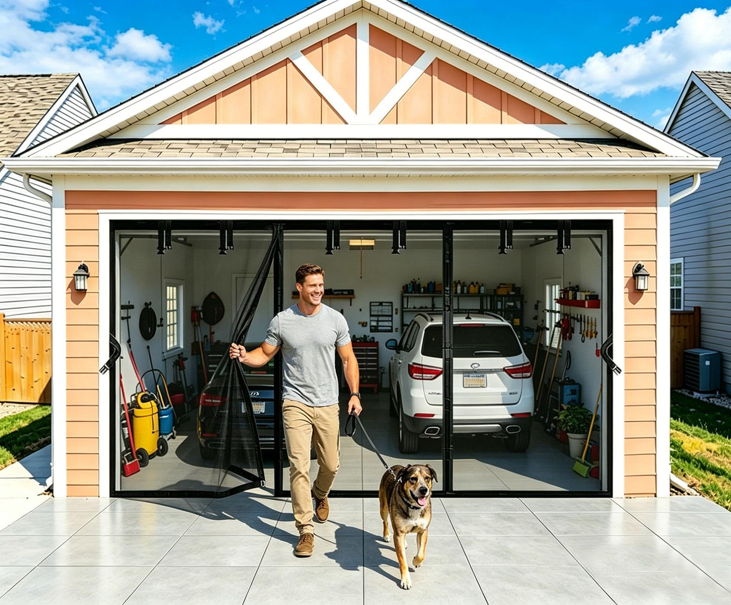 SANJINFON Magnetic Garage Door Net Screen Kit 20x9 FT - Heavy-Duty Fiberglass Mesh with Magnetic Closure for 2 or 3 Car Garage 20x9ft, Blocks Bugs & Enhances Privacy - Perfect for Porch Gym Barn Patio
