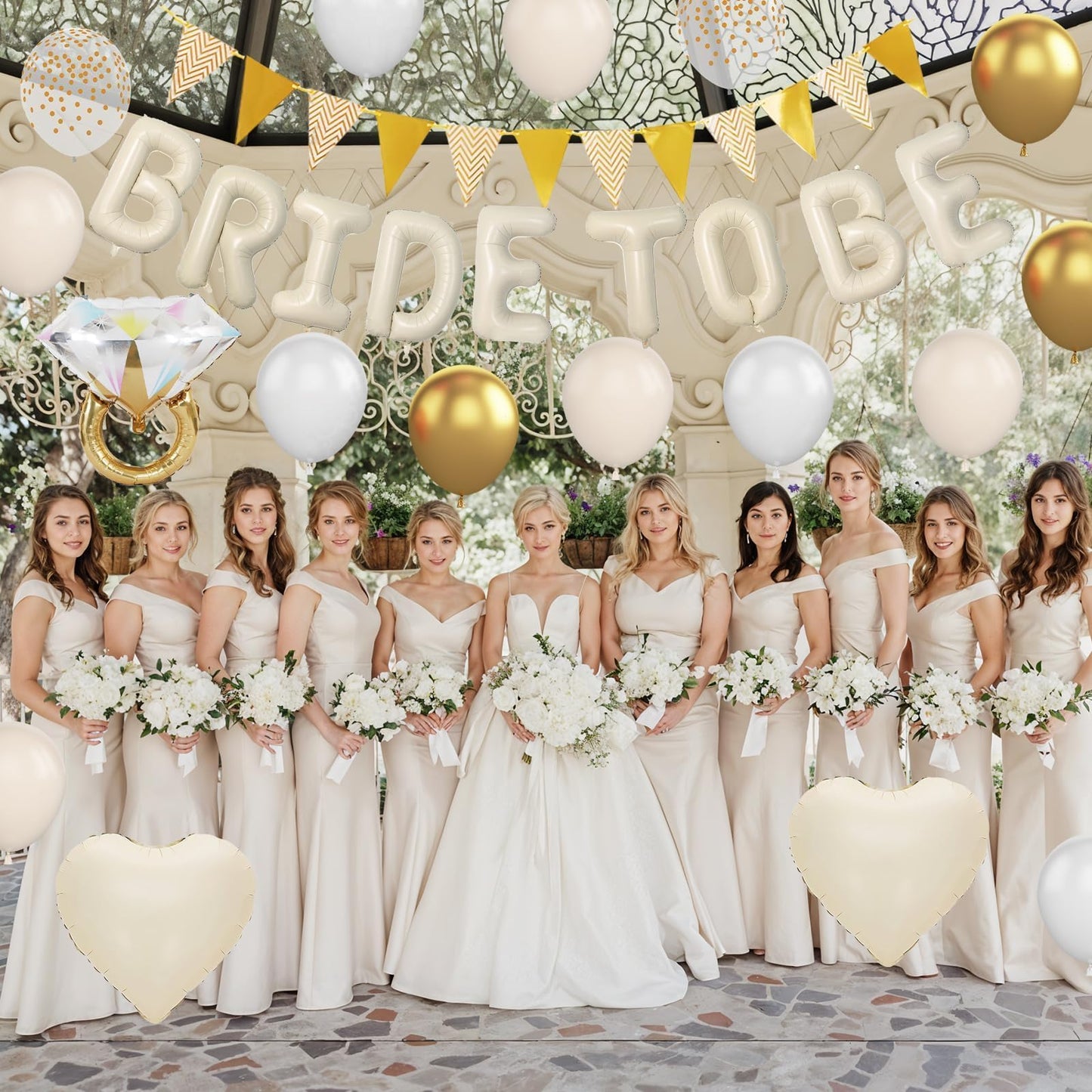 Sand White Bachelorette Party Decorations, Nude White Bride To Be Bridal Shower Balloons Decorations, White and Gold Balloons with Diamond Ring Cream Heart Balloons for Bachelorette Engagement Wedding