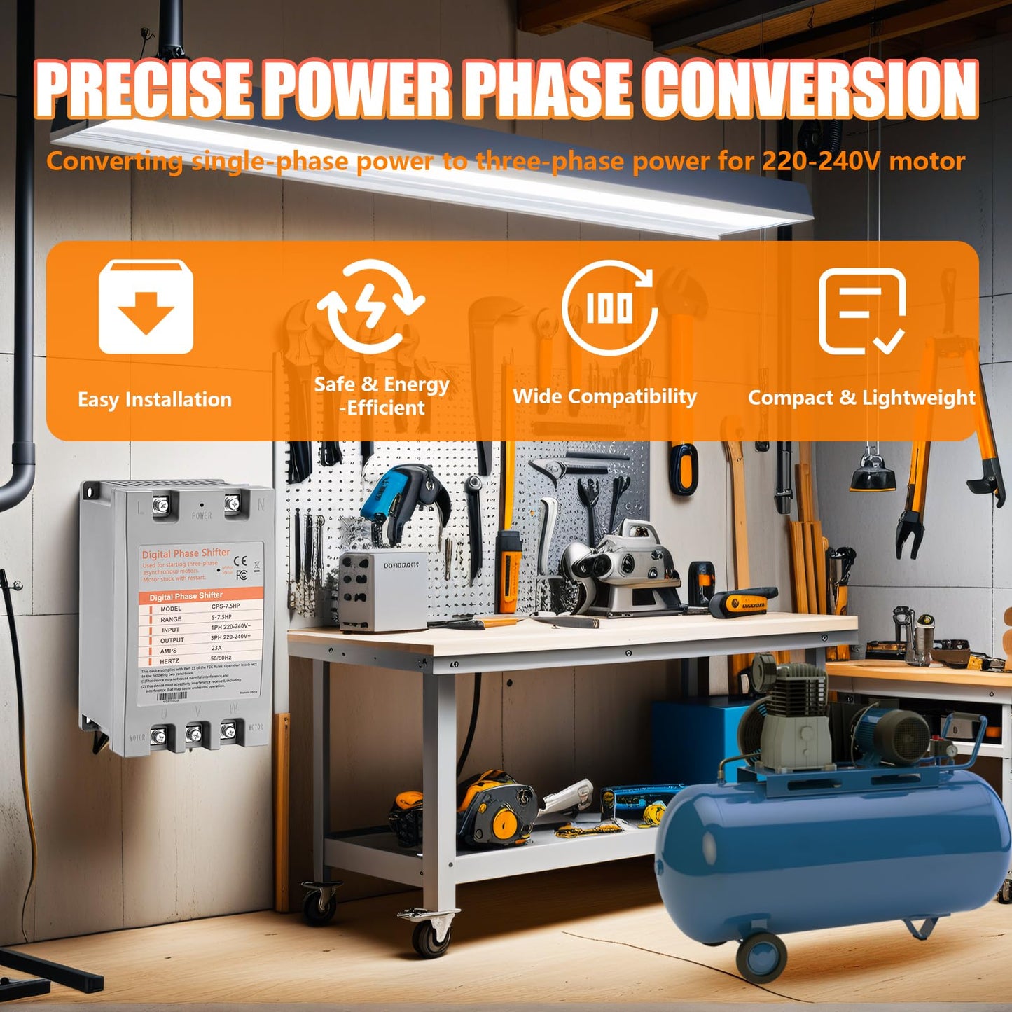 LGIB Single Phase to 3 Phase Converter，7.5HP 220V 3 Phase Converter，220V-240V Input/Output Digital Phase Shift for 7.5HP Motor