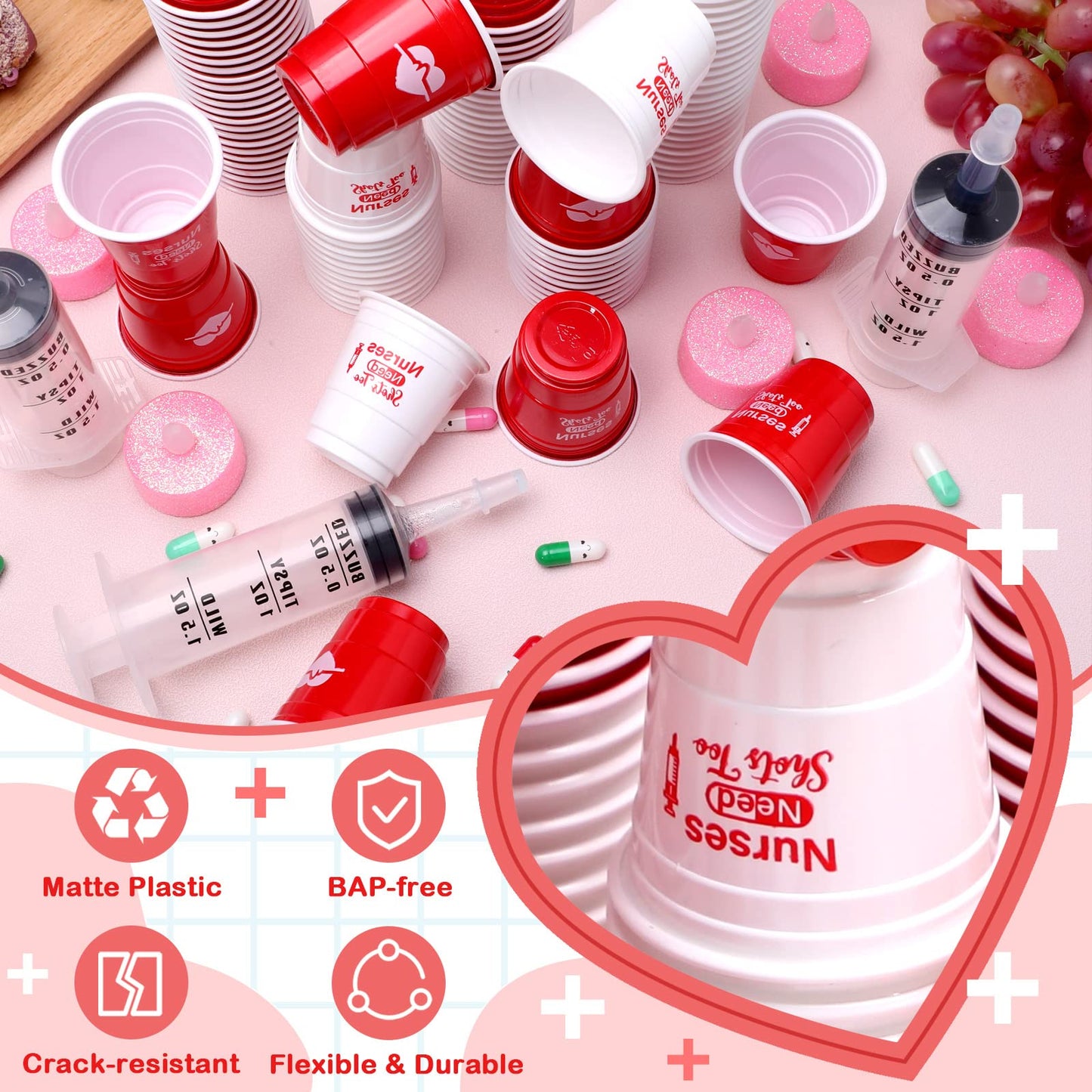 Lounsweer 100 Pcs Nurses Need Shots Too Mini Plastic Shot Glasses Nurse's Day 2 oz Small Plastic Cups Disposable Shot Cups for Nurse Birthday School Graduation Party Favors, Red, White