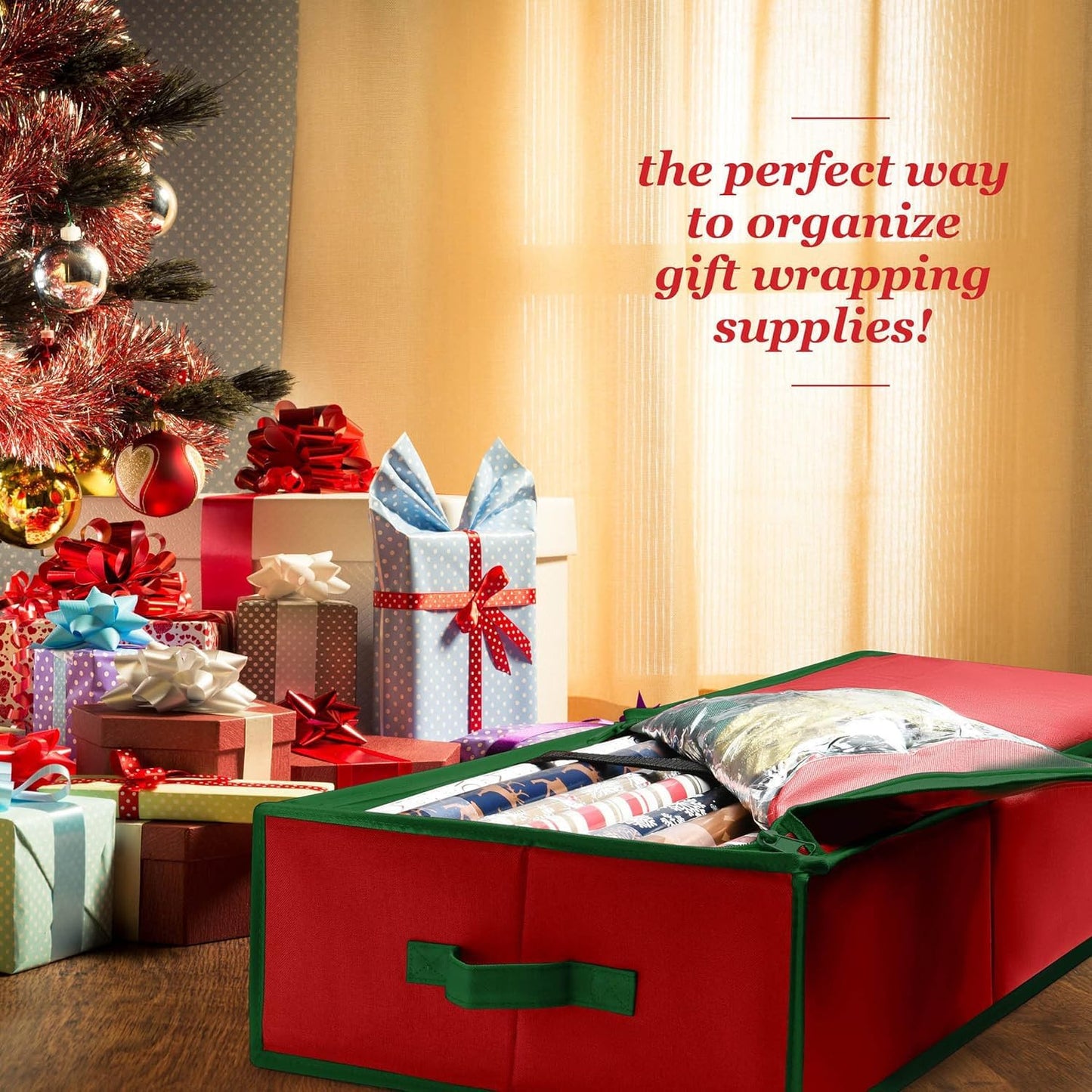 Premium Wrapping Paper Organizer - Heavy-Duty Gift Wrap Holder with Extra Pockets | Fits Up to 27 Rolls (Red)
