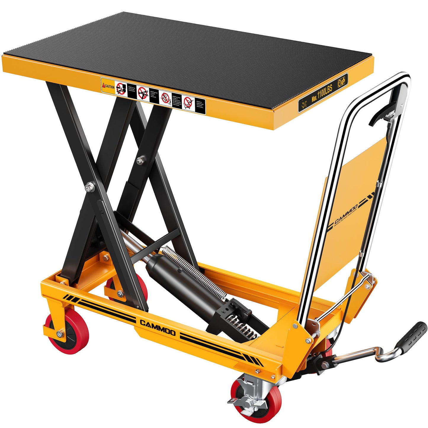 Hydraulic Lift Table Cart, 1100lbs Capacity, 34.7" Lifting Height, Single Scissor Lift with Non-Slip Pad & Safety Guard Foldable Handle for Material Handling and Transportation, Yellow