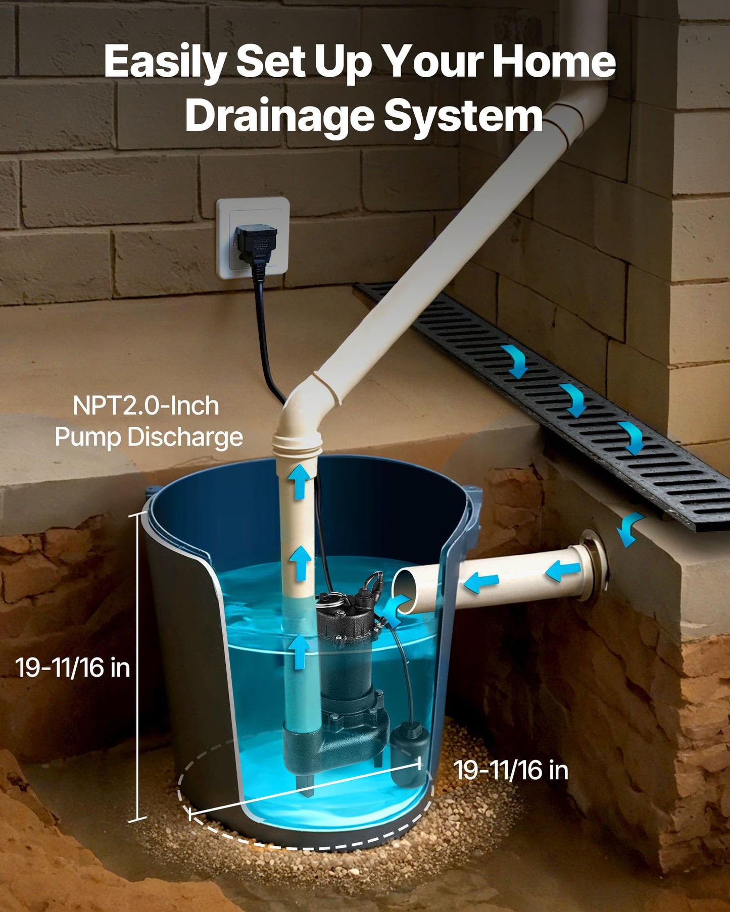 VEVOR Submersible Sewage Pump, 1 HP, 5200 GPH Cast Iron Sewage/Effluent Pump with Automatic Tethered Float Switch, 2-Inch NPT Discharge, 120V, 25 ft Max Lift, for Basement, Septic Tank, Residential