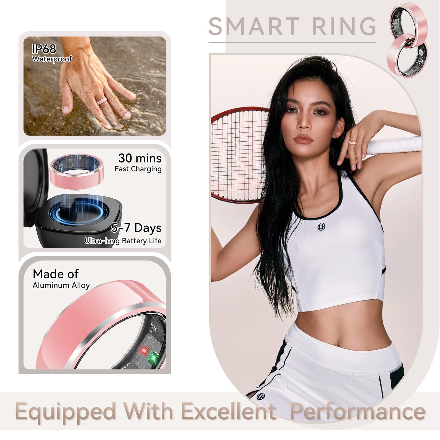 PJIVE Smart Ring for Women,Fitness & Activity Tracker with Blood Pressure/Heart Rate Monitor, Sleep Tracker, Step Counter, IP68 Waterproof Ring for iOS&Android,Fast Charge,No Subscription (Pink,Size8