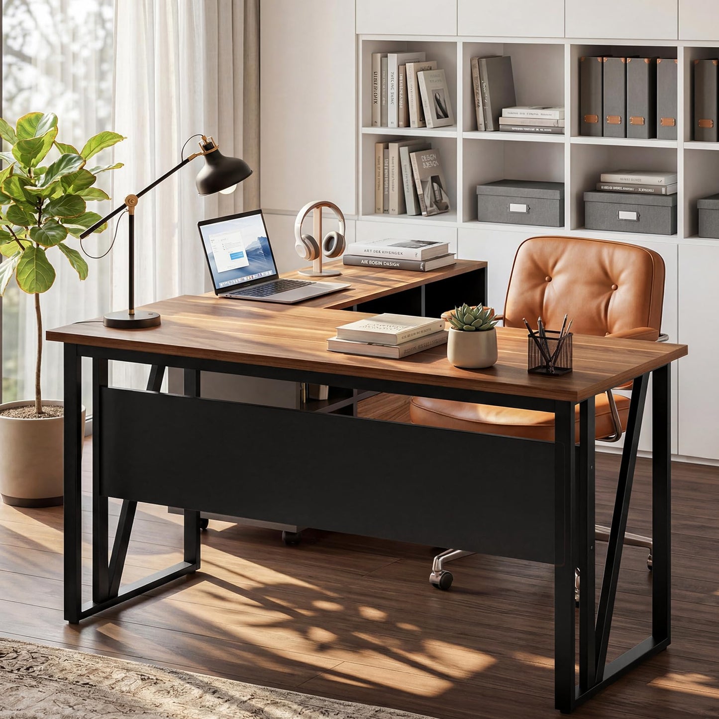 Tribesigns 55-Inch Executive Desk with 43" Mobile File Cabinet, L-Shaped Computer Desk with Drawers & Shelves, Large Industrial Home Office Desk Set with Storage, Brown & Black