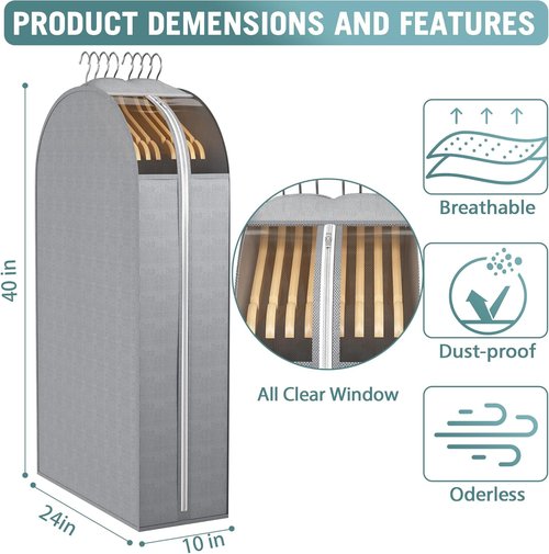 Liuoud 40" Gusseted Garment Bags - Clear Window Clothing Covers for Coats, Dresses & Jackets | 3-Pack