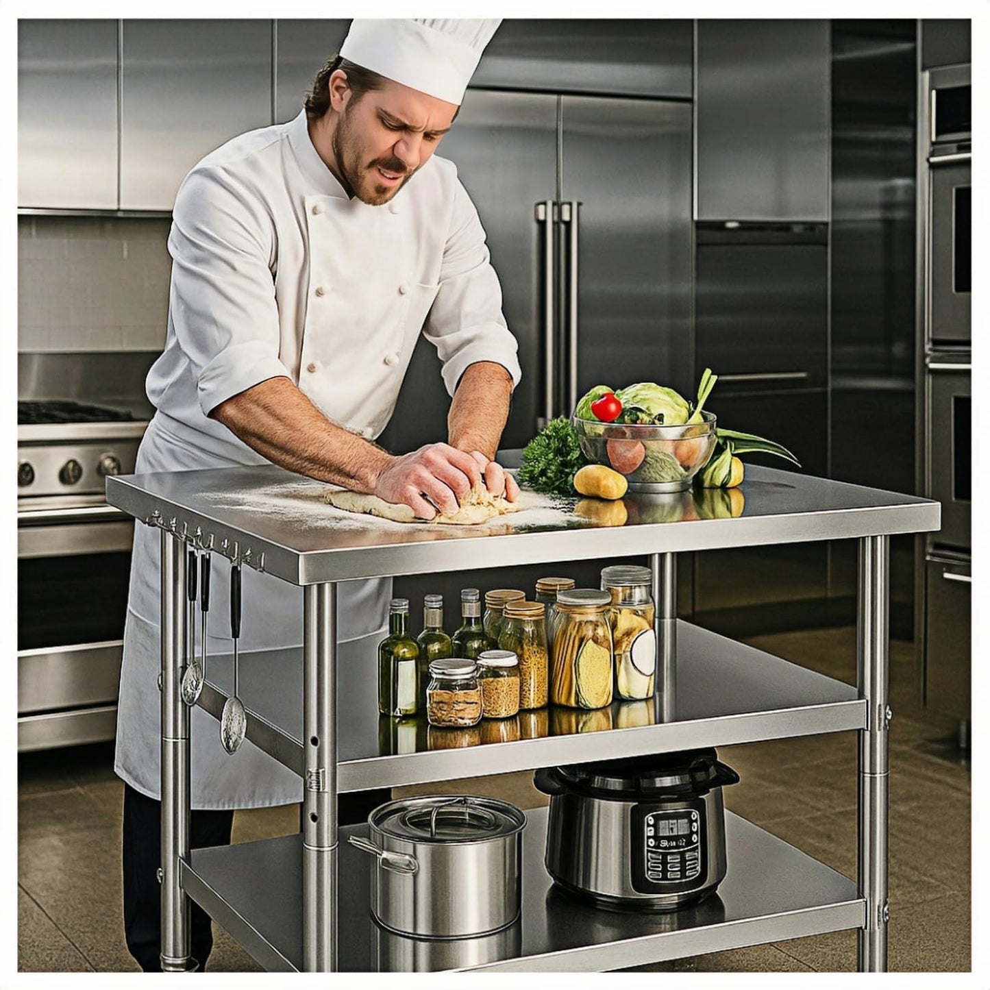 Stainless Steel Table with Wheels for Food Preparation and Work, Multi-Size Optional, Three-Layer Variable Two-Layer Metal Commercial Workbench Outdoor, Restaurant, Kitchen (44" Lx24 Wx34 H)