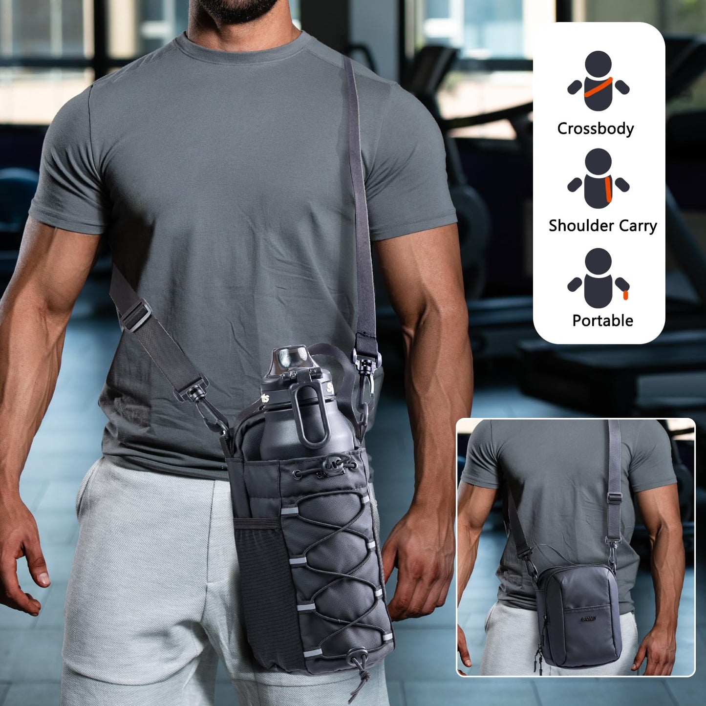 SPORJET 2-Pack Magnetic Gym Bag for Water Bottle & Magnetic Gym Pouch – Bottle’s Holder Fits Up to 46oz Bottles– Sling Water Bottles Bag with Strap for Workout, Tank -Men’s & Women’s Gym Accessories