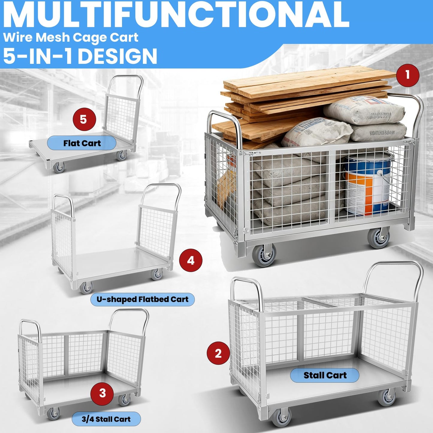 5-in-1 Platform Truck Cart with Cage, Heavy Duty Push Cart Dolly,4 Swivel Wheels, 2600 Lbs Capacity, Alloy Steel Material Multi Purpose Cart for Grocery Store/Laundry/Stall/Warehouse (Silver)
