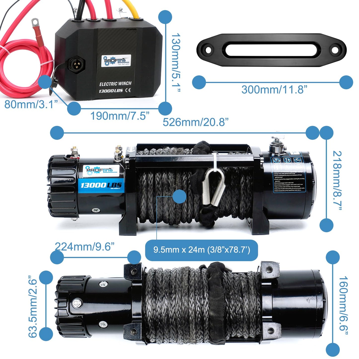 PROFLine Electric Winch 13000 lbs ATV Winch 12V with Synthetic Rope and Hook Truck Winch with Hawse Fairlead Remote Control for Towing UTV SUV Off Road Vehicle