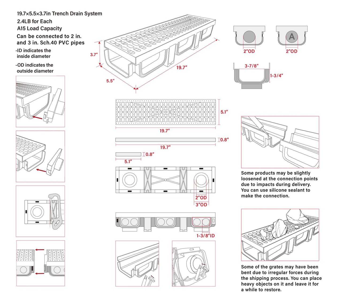 Natotela HDPE Channel Drain with Grates-19.7x5.5x3.7 in. Trench Drain System, 12 Pack Total Length 236.3 in, Yard Drainage System with 2 Outlet Adapters for Outdoor,Yard Fence,Sidewalk,Patio